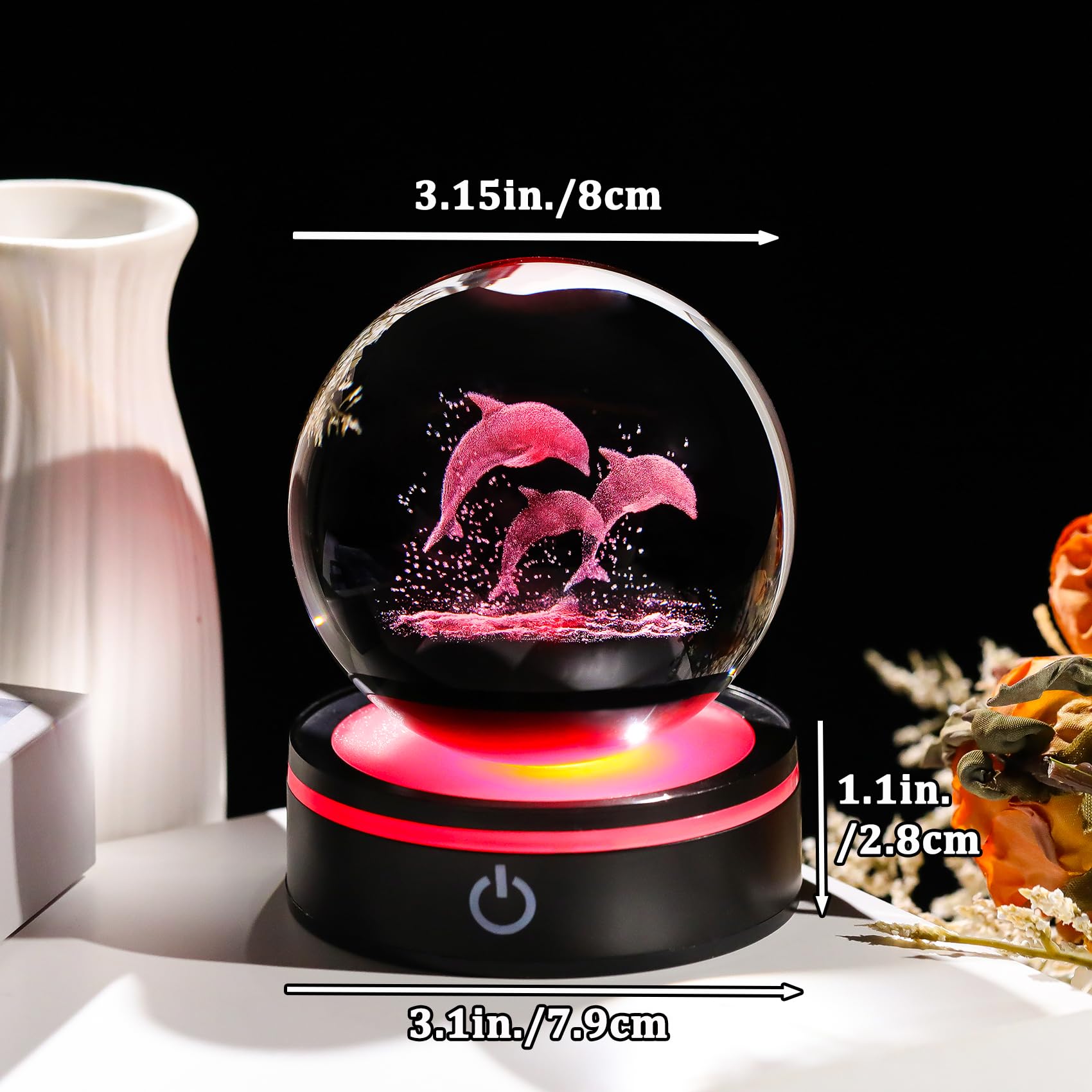 YWHL 3D Dolphin Figurine Crystal Ball with Colorful Light Base, Laser Dolphin Gifts for Women Men on Christmas Birthday, Glass D