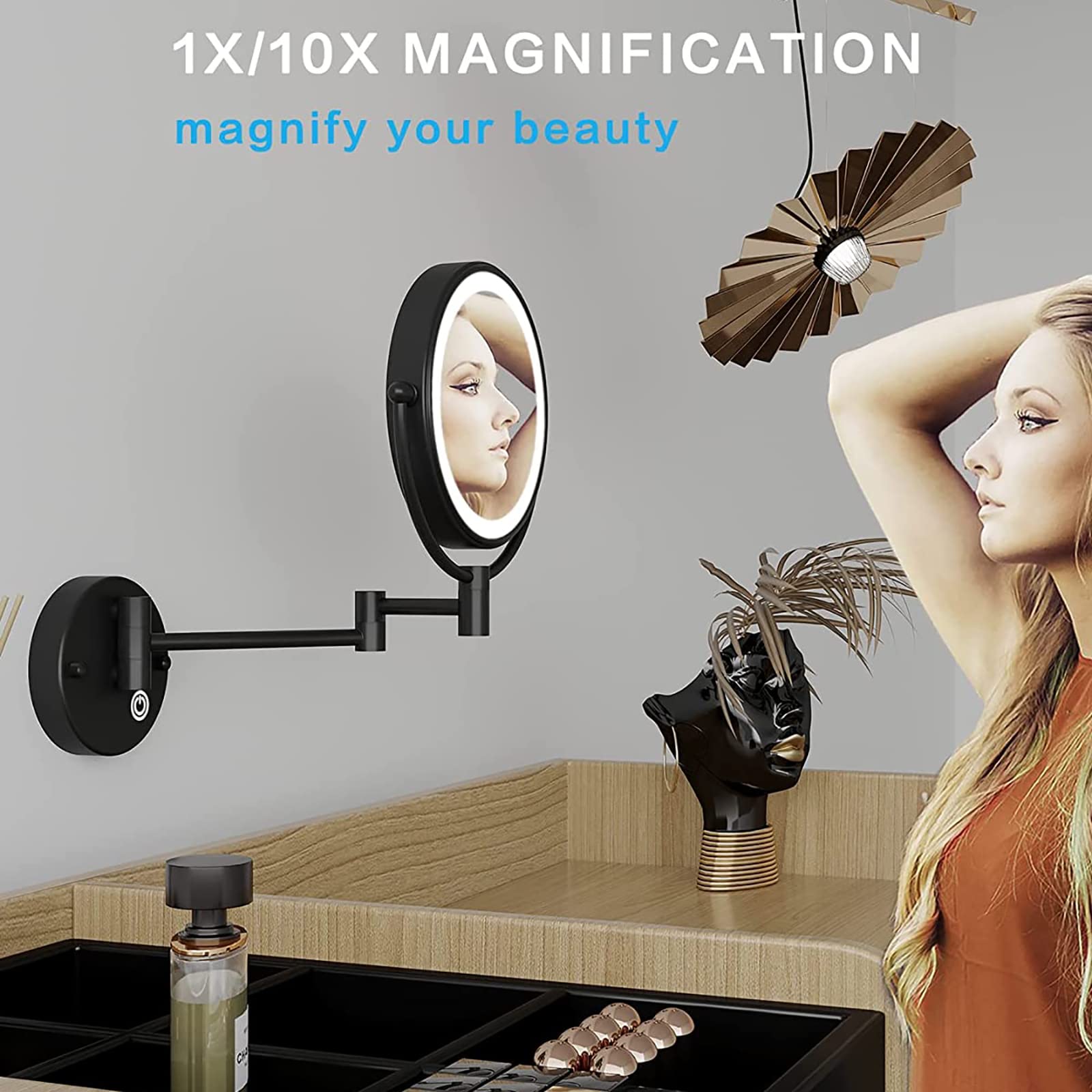JMFHCD LED Makeup Mirror with Lights and 10x Magnification Vanity Mirror Wall Mounted Round Double Sided Vanity Magnifying with