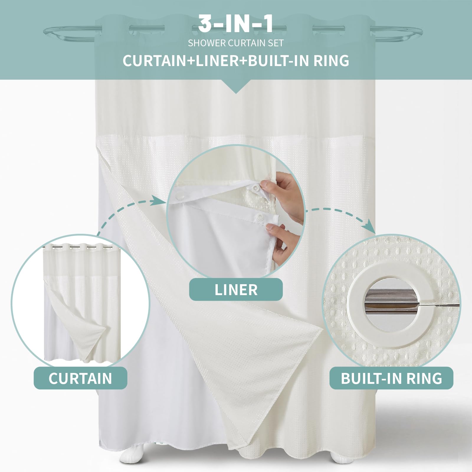 Eachope Cream No Hook Waffle Weave Shower Curtain With Snap-In Liner Replacement, 230Gsm Waterproof Fabric Hotel Shower Curtain