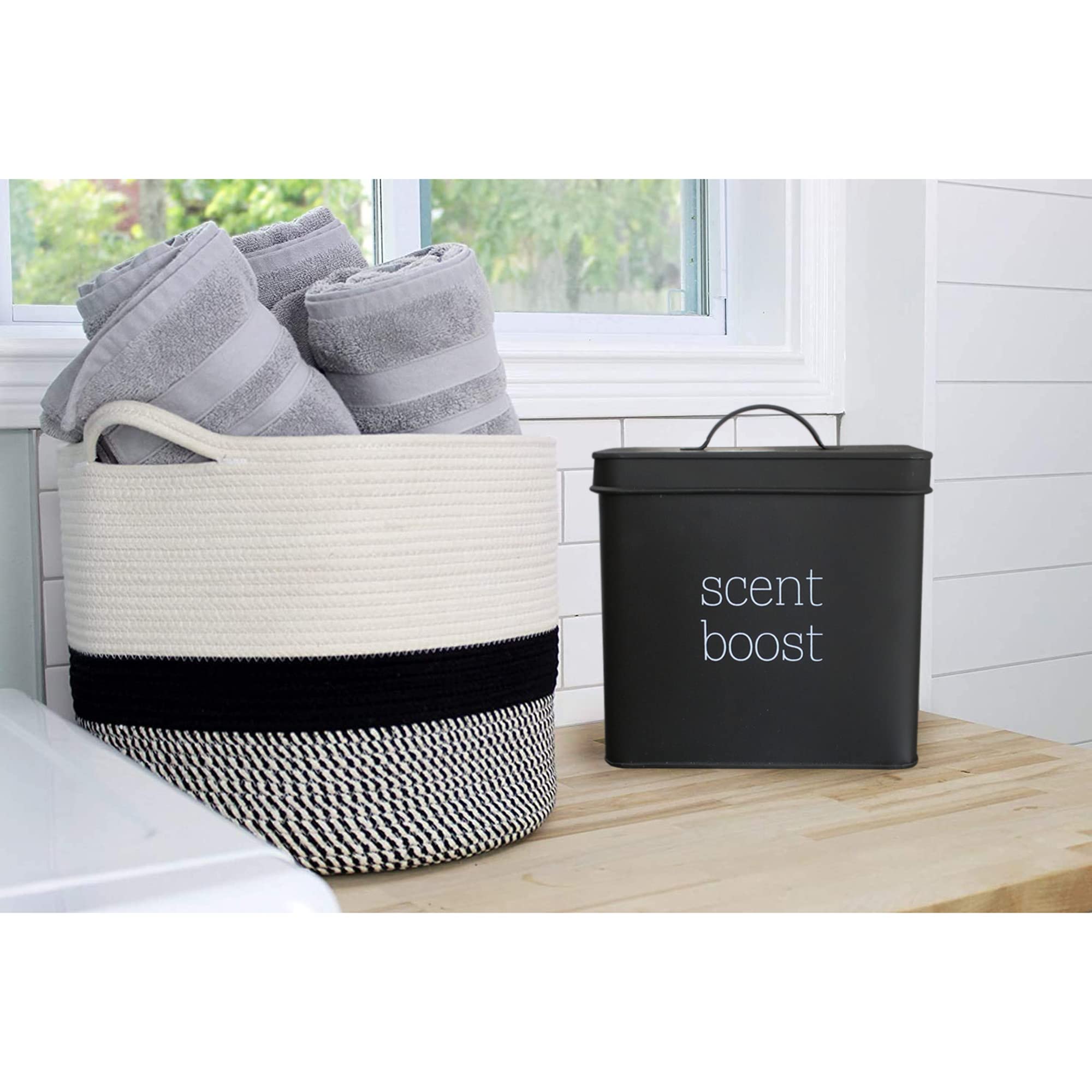 Auldhome Laundry Scent Booster Storage Container (Black), Enamelware Canister Dispenser For Clothing Fragrance Beads