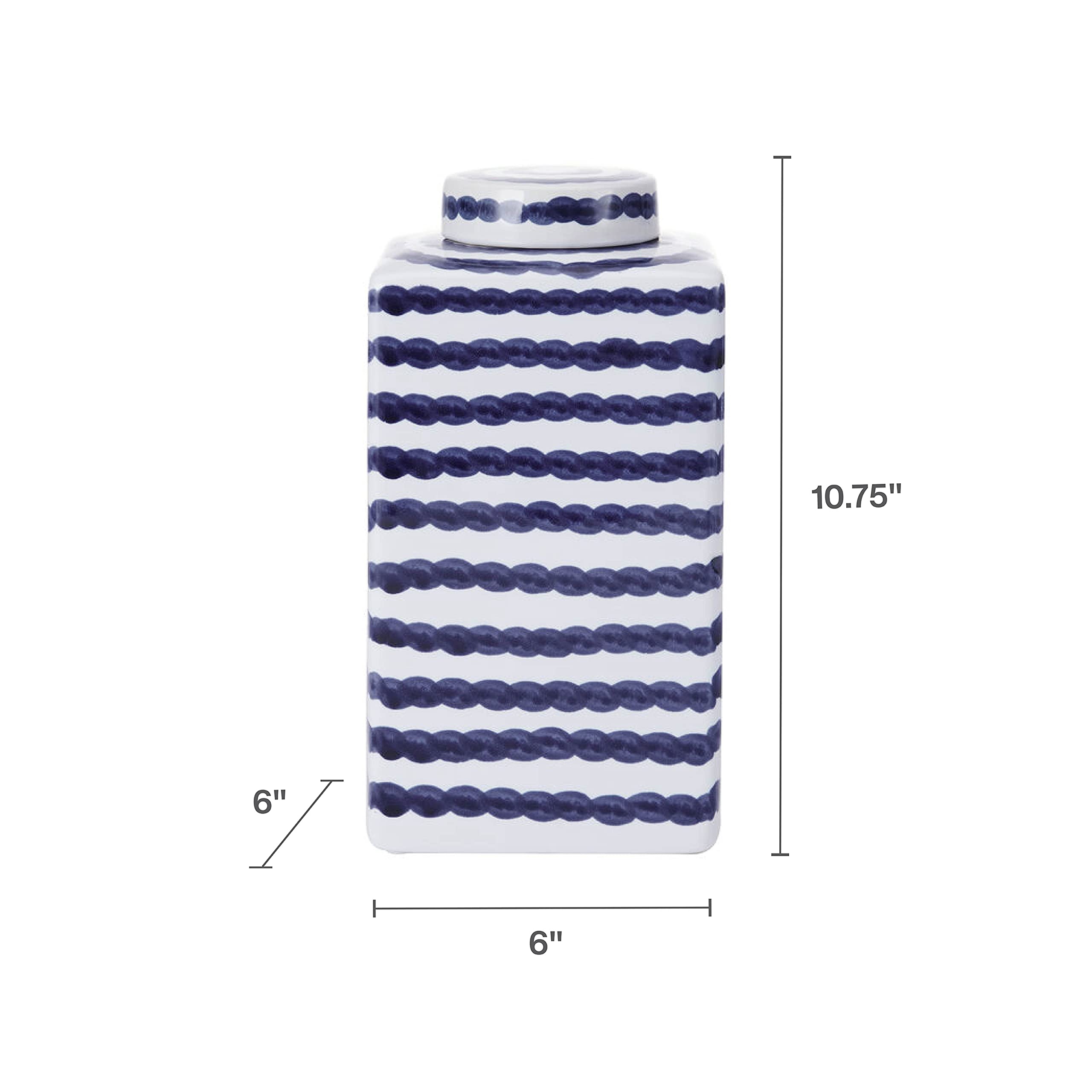 Mikasa Blue and White Paint Stroke Square Ceramic Ginger Jar, Store Small Household Items or Display Faux Florals