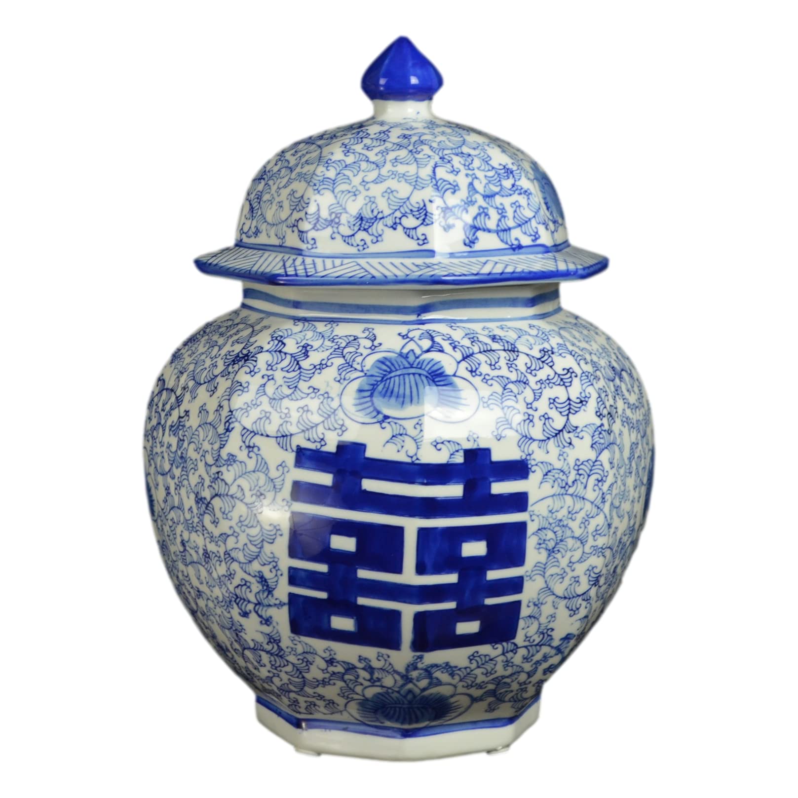 Festcool Blue and White Porcelain Flowers Double Happiness Ceramic Covered Jar Vase, Food Container Storage Jingdezhen Chinese (