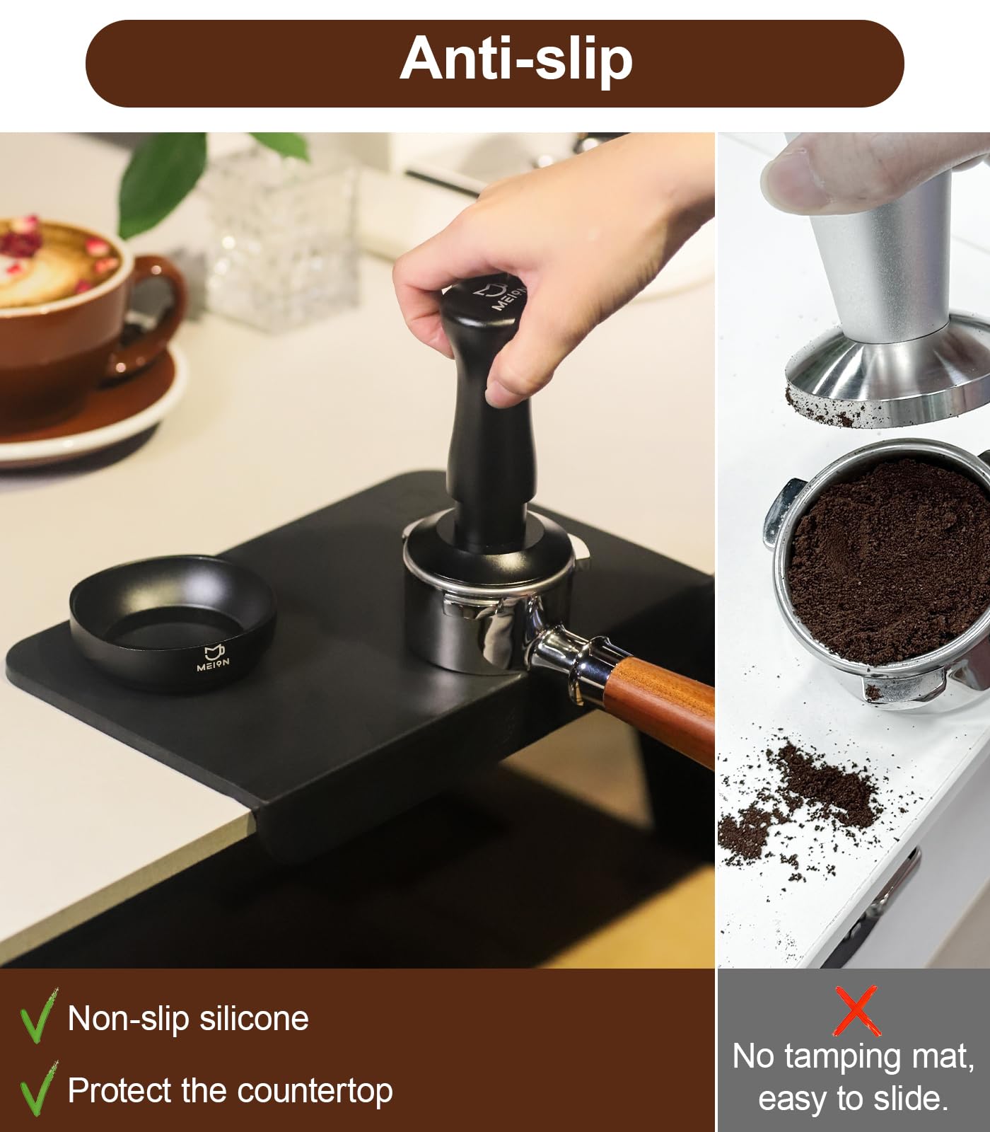 MEION Espresso Tamper Mat - Medium Black Silicone Tamping Mat, Waterproof & Heat Resistant, Model Mat-1