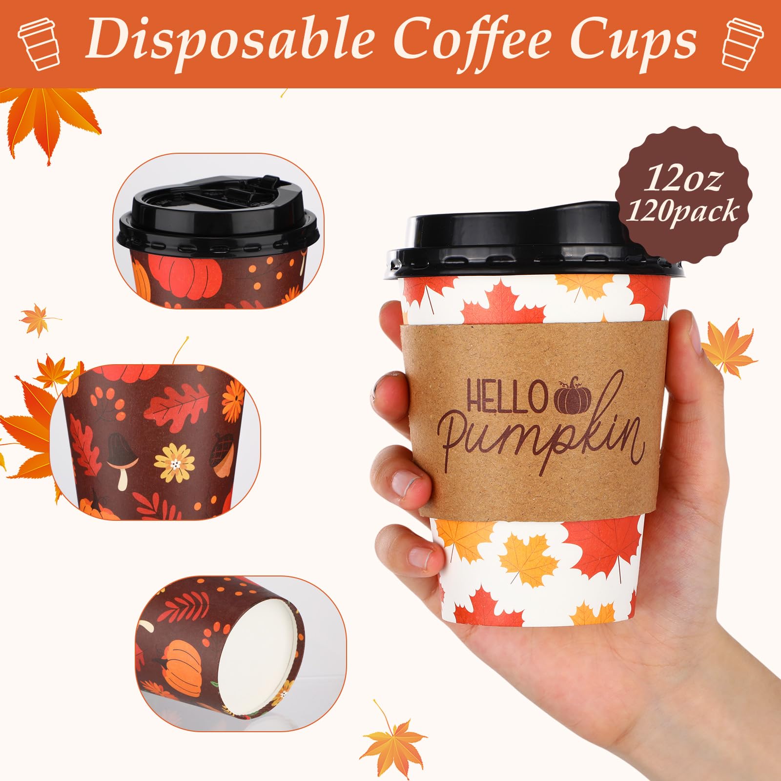 Jingmore 120 Pack 12 oz Fall Disposable Coffee Cups with Lids Sleeves Sticks Autumn Pumpkin Orange Fall Paper Coffee Cups for Dr