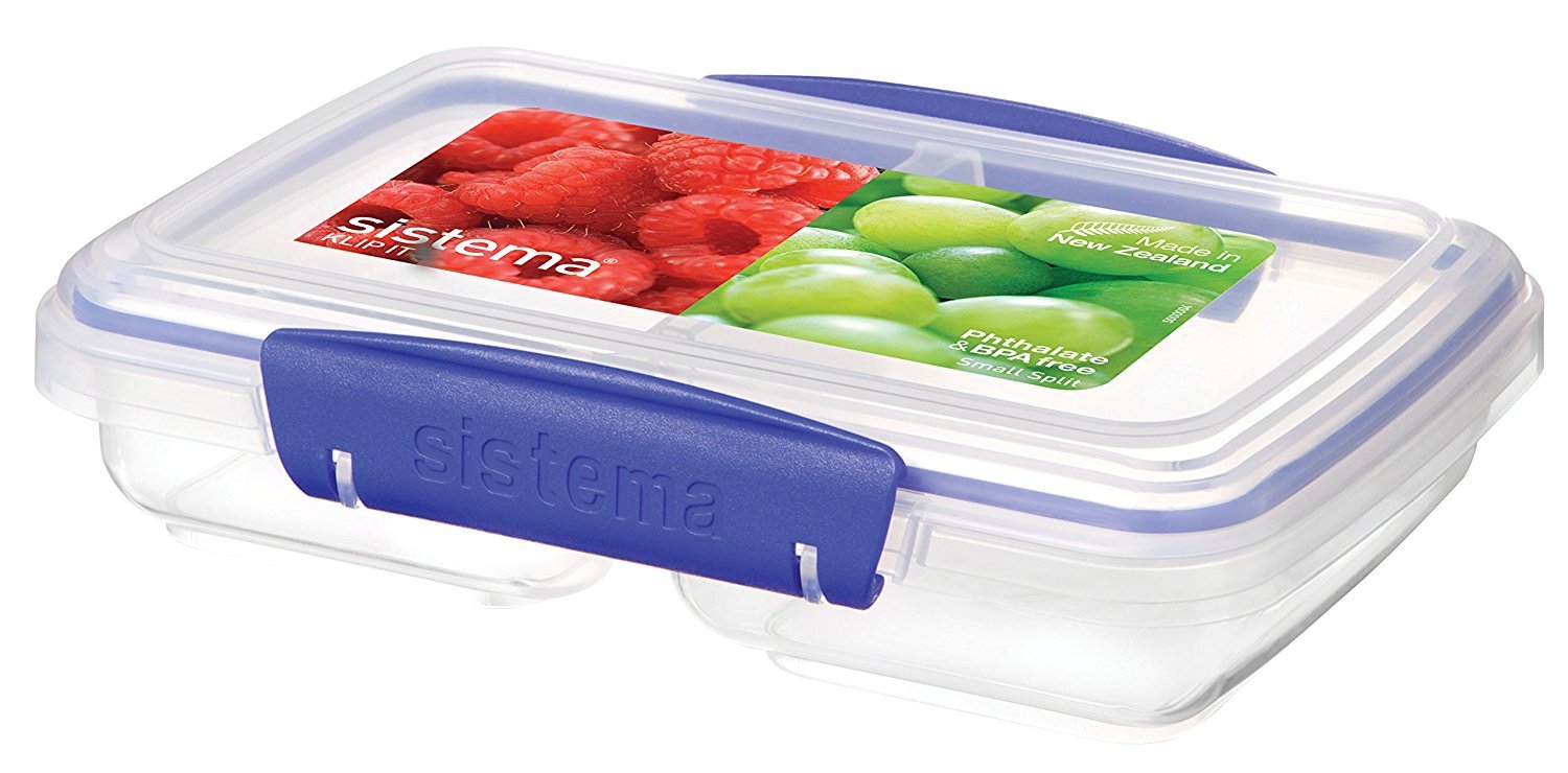 Sistema Klip It Rectangular Collection Split Food Storage Container, Small, 11.8 Oz./0.3 L, Clear/Blue