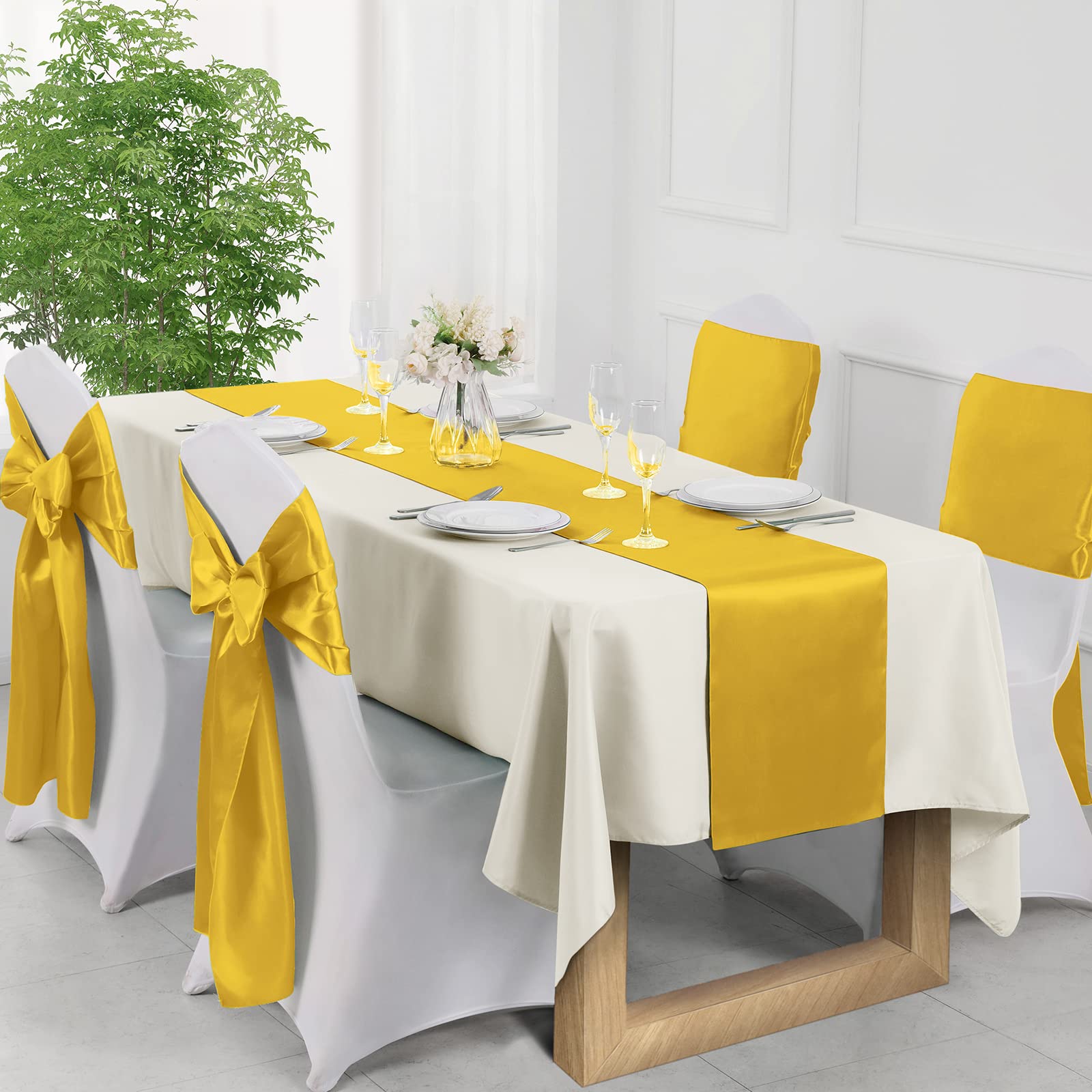 Manyshofu 4Pcs Satin Gold Runner - 12 x 72 Inch Long Size  Party Table Runner Decor Bright & Smooth Wedding Decorations Table Runner for Banquet Chef Birthday Buffet Dinner Graduations