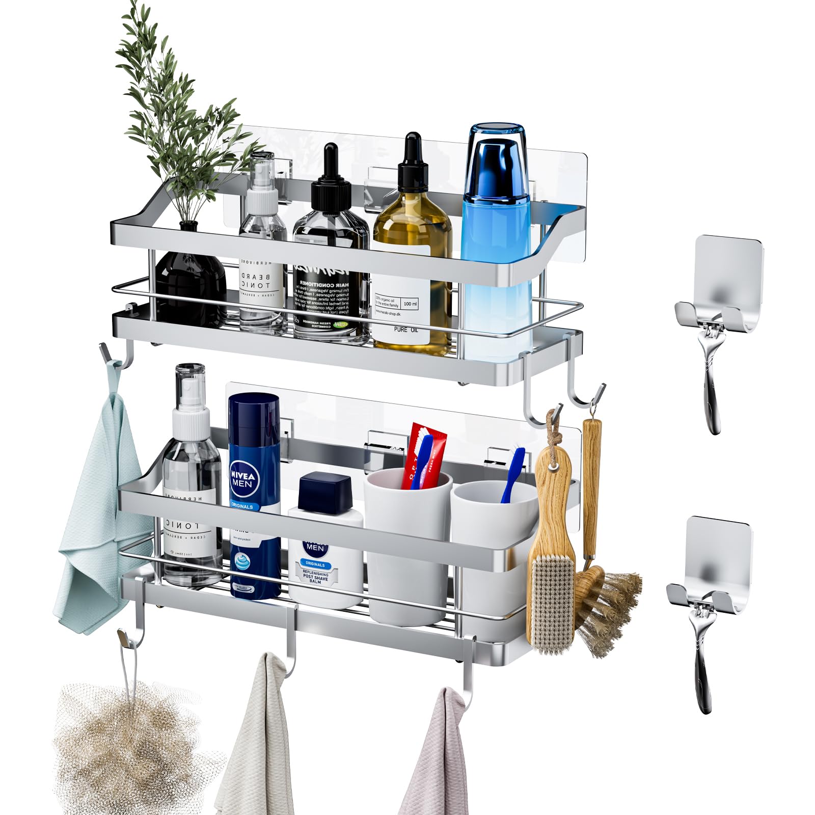 Carwiner Shower Caddy Bathroom Shelf 2-Pack, Basket with 8 Hooks for Hanging Shampoo Conditioner, SUS304 Stainless Steel Rack Wa
