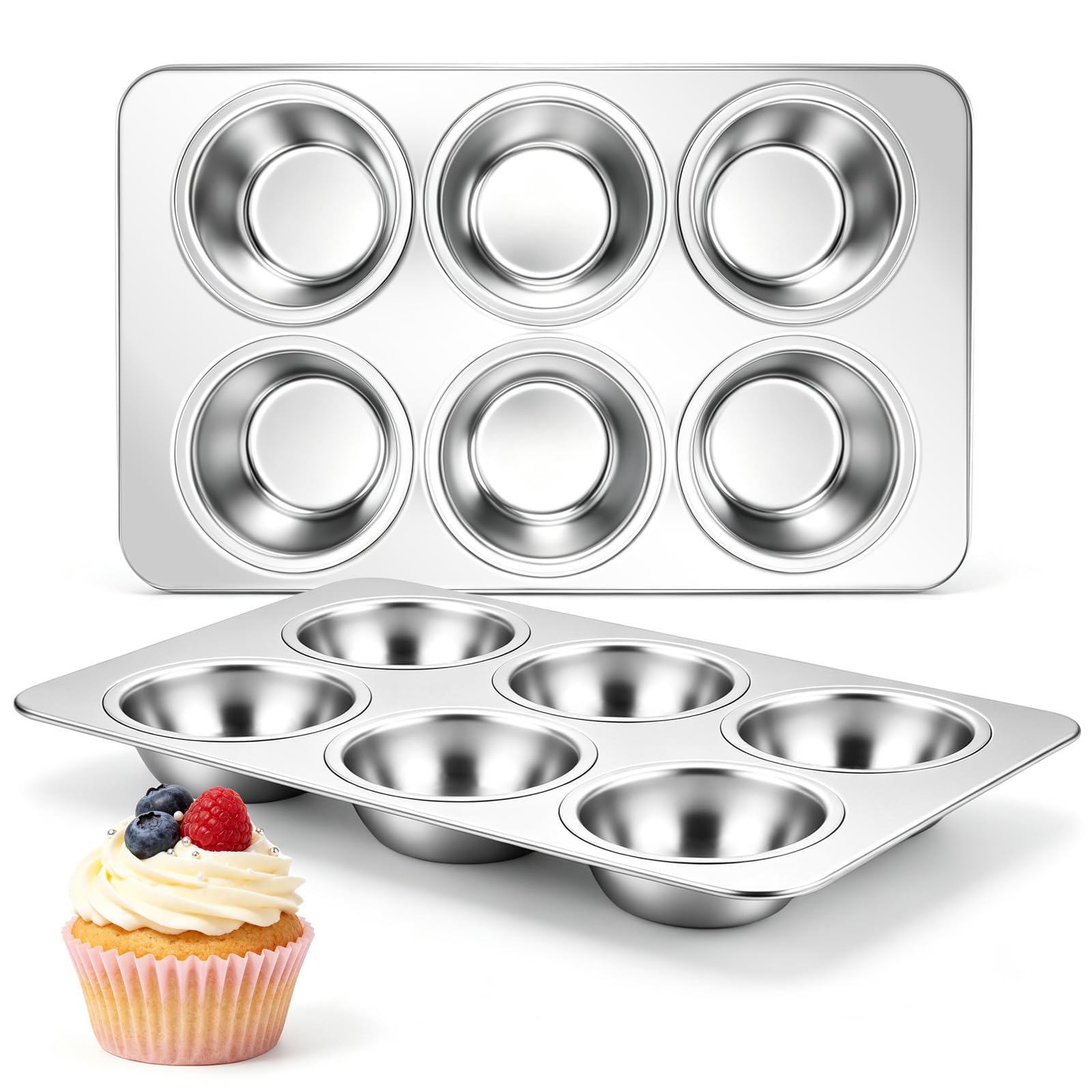 Onader Stainless Steel Muffin Pan, 6 Cup Cupcake Pan for Baking, 2 Pieces