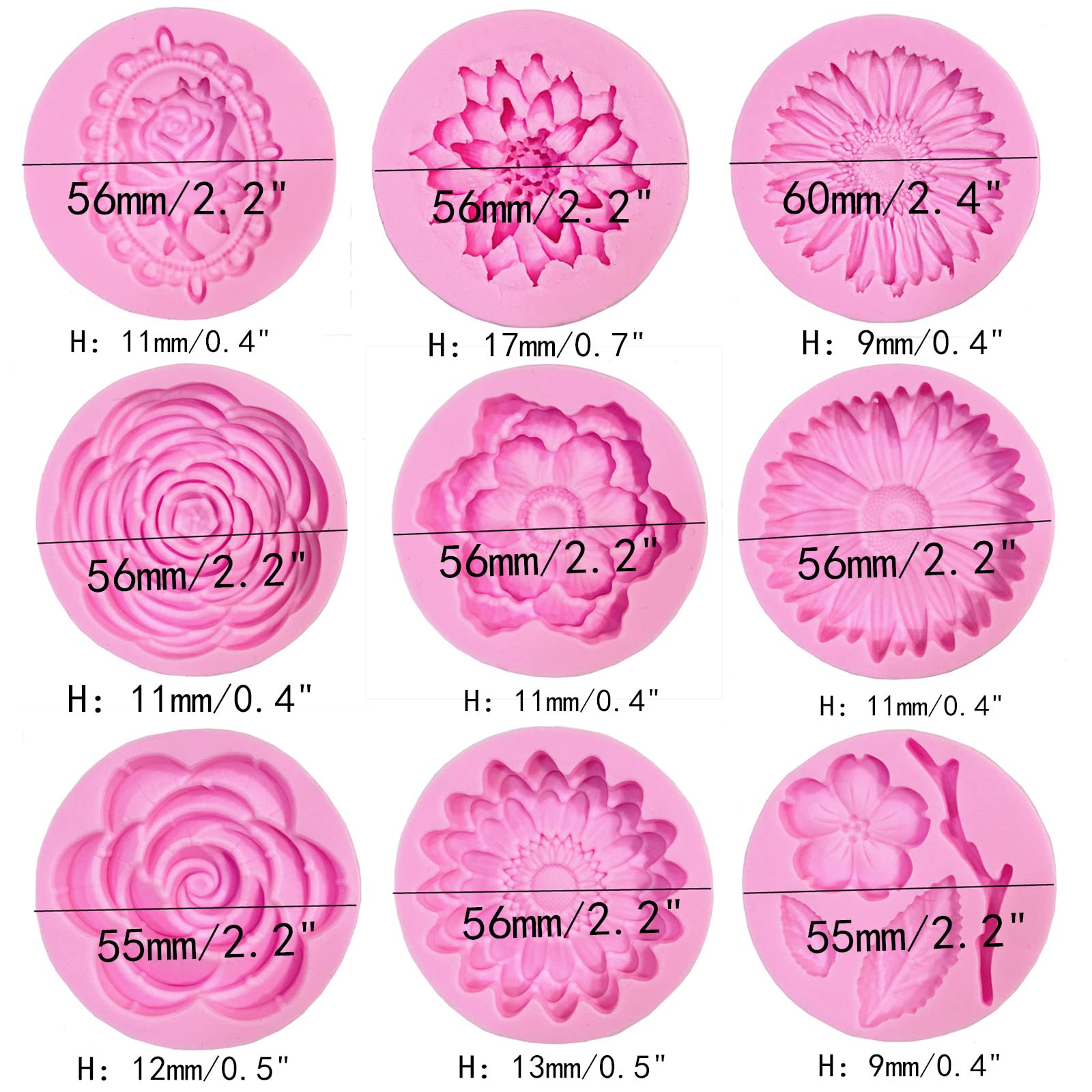 Dd-Life 9 Pcs Flowers Fondant Molds Silicone Molds For Cupcake Dessert Chocolate Jelly Cookie Decor, Jewelry, Pastry, Chocolate,