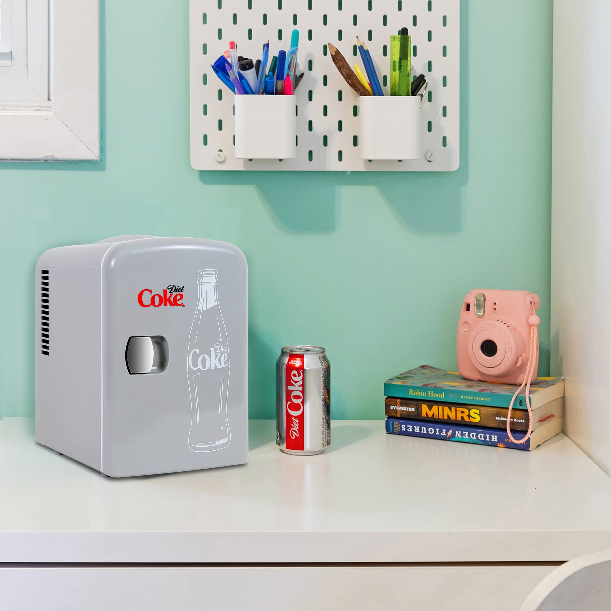 Coca-Cola Diet Coke 4L Cooler/Warmer w/ 12V DC and 110V AC Cords  6 Can Portable Mini Fridge  Personal Travel Refrigerator for Snacks Lunch Drinks Cosmetics  Desk Home Office Dorm  Gray