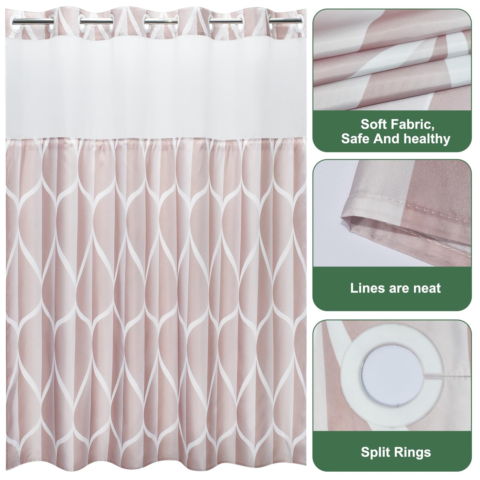 Yiatn No Hook Rosewater Pink Shower Curtain With Snap In Fabric Liner Set - Hotel Style With See Through Mesh Top Window, Modern