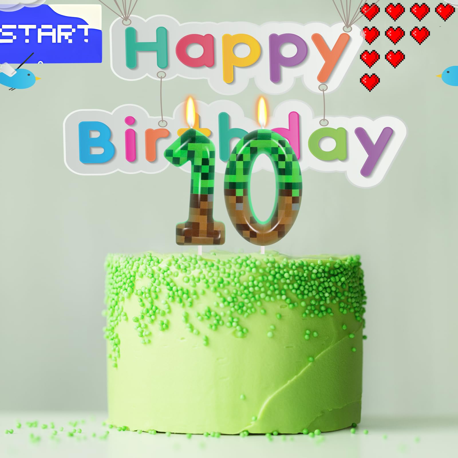 10th Pixel Miner Birthday Candles, Pixels Cake Topper for Boys Girls, TNT Themed Birthday Decorations Party Supplies (Number 10)