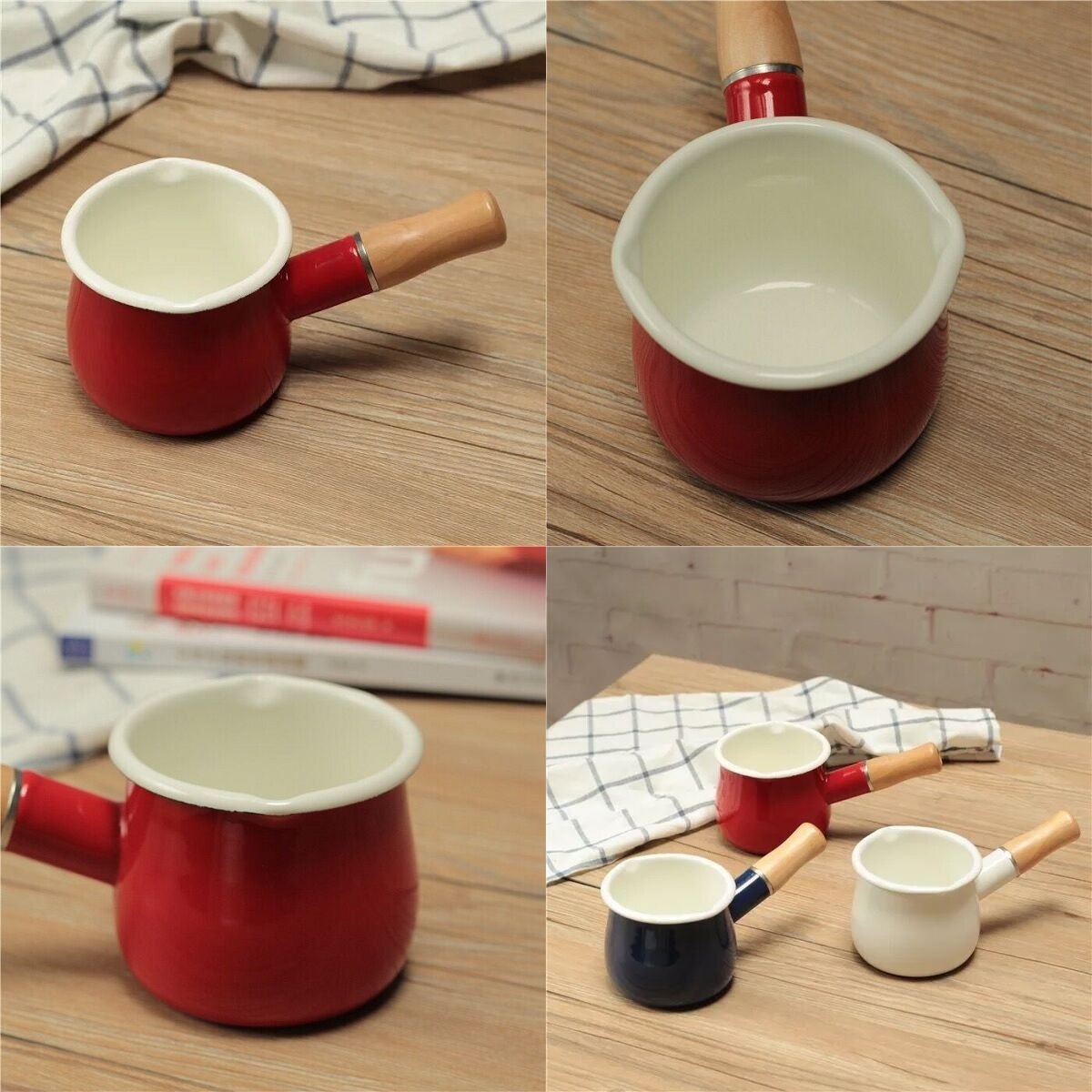 Yumcute Home Enamel Milk Pot, Small Enamel Saucepan Milk Pot Butter Warmer 4 Inch 17 Oz Enamel Small Sauce Pan With Wooden Handl