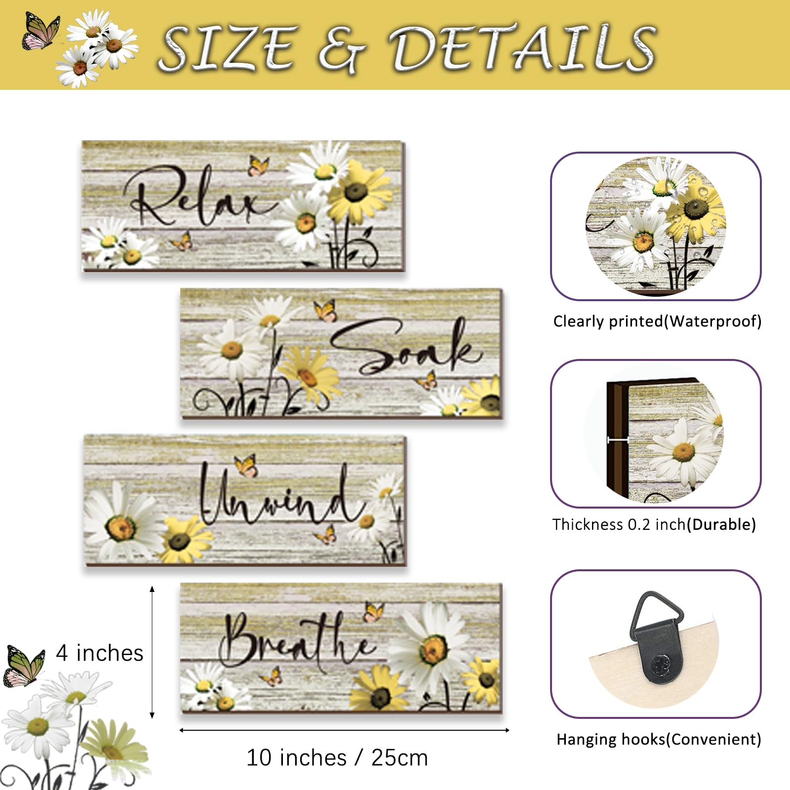 ZINYAZHE 4 Pcs Farmhouse Yellow Bathroom Wall Decor Yellow Daisy Floral Flowers and Butterfly Wall Art Relax Soak Unwind Breathe