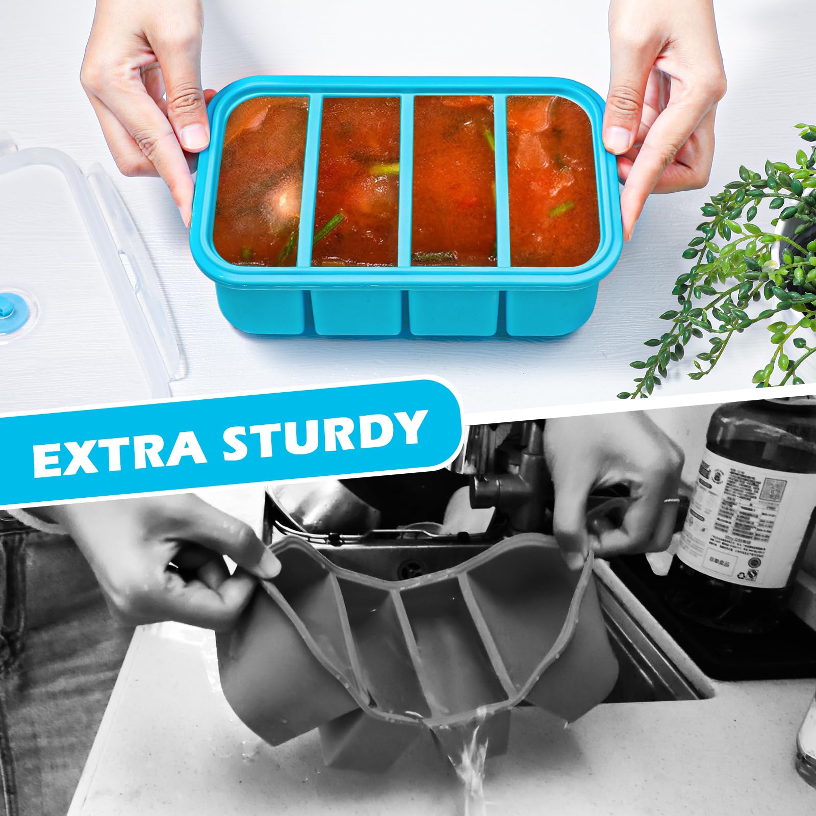 Webake Silicone Freezer Tray with Lid, 1 Cup Portion, BPA Free, Blue