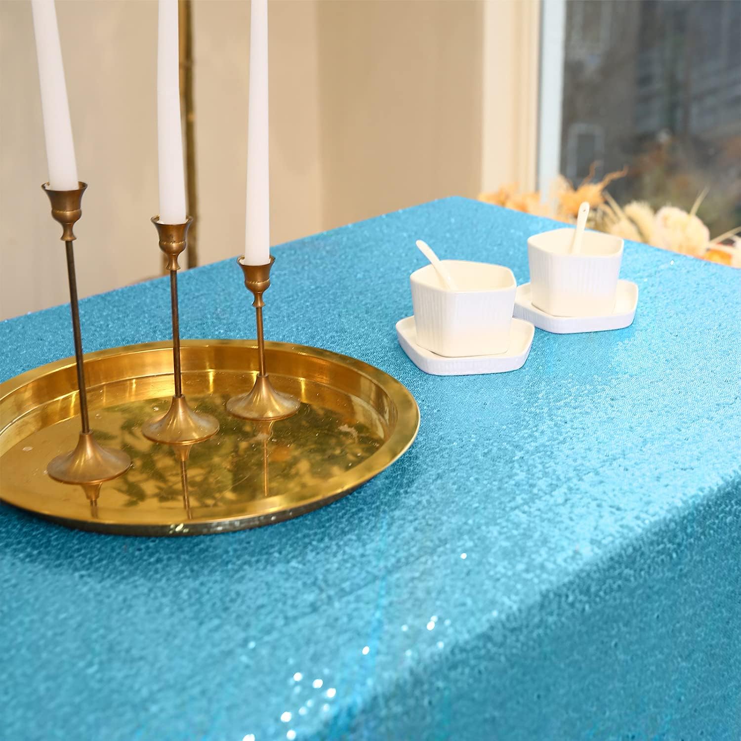 Fyledaee Turquoise Sequin Tablecloth Round 108 Inch Glitter Shimmer Tablecloth For Wedding Baby Shower Birthday Christmas Holida