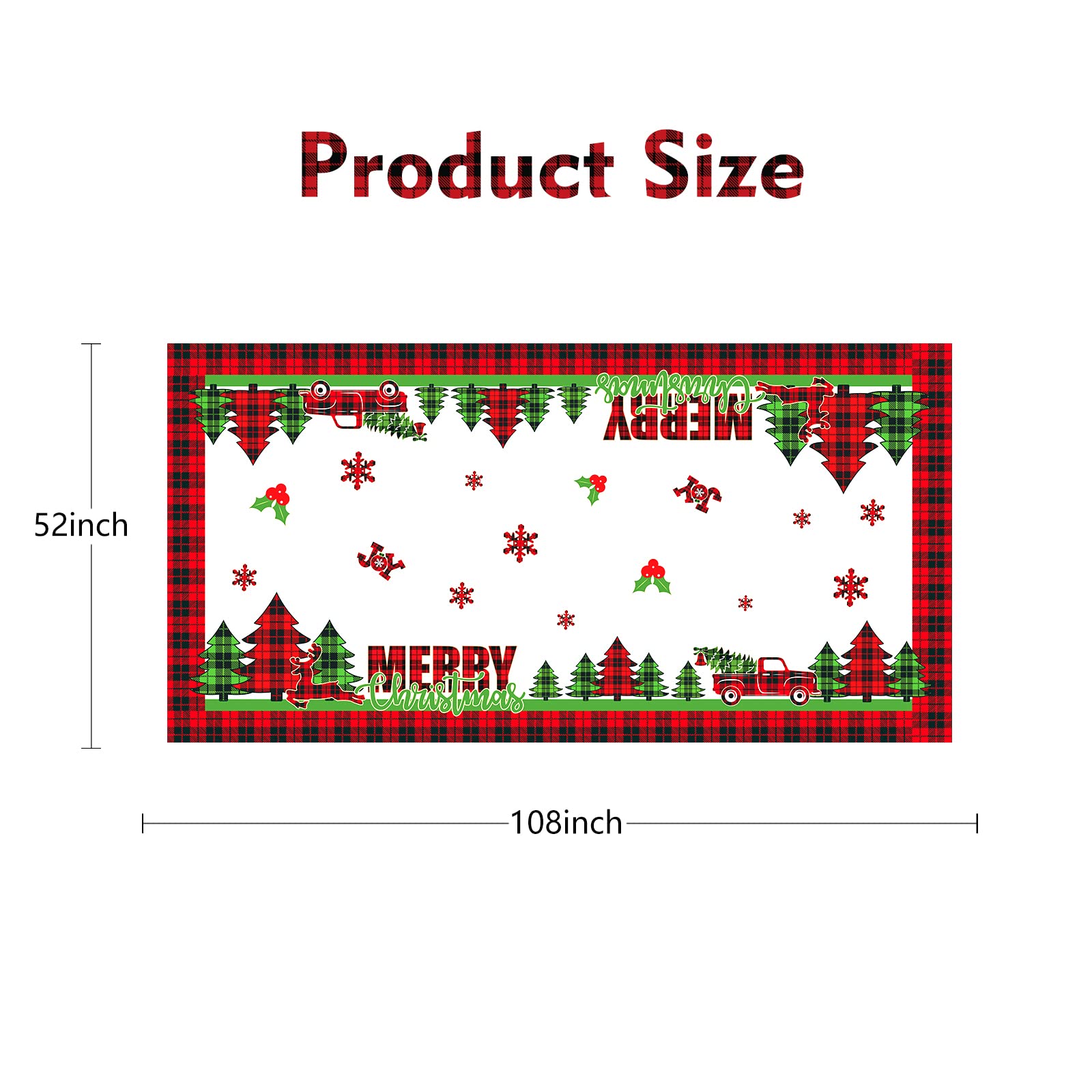 Pinkblume 4.3X9Ft Christmas Tablecloth Rectangle Buffalo Plaid Xmas Tree Red Truck Joy Merry Christmas Sign Reindeer Snowflake H
