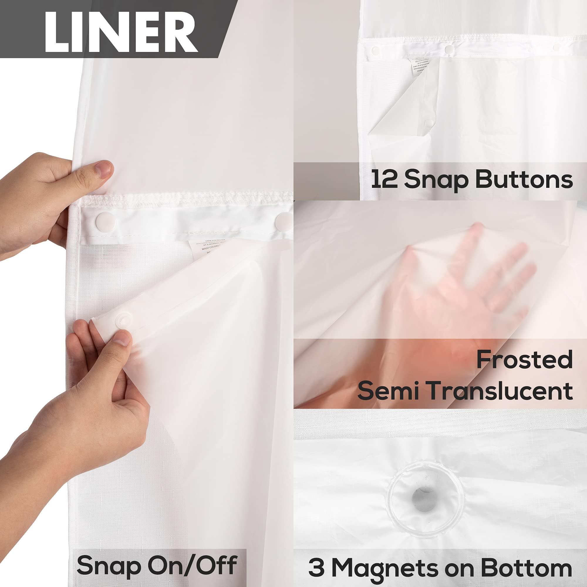 No Hook Slub Textured Shower Curtain with Snap-in PEVA Liner Set - 71'' x 74''(72'')  Hotel Style with See Through Top Window  Fabric Outer Curtain & Waterproof Inner Liner  White  71x74