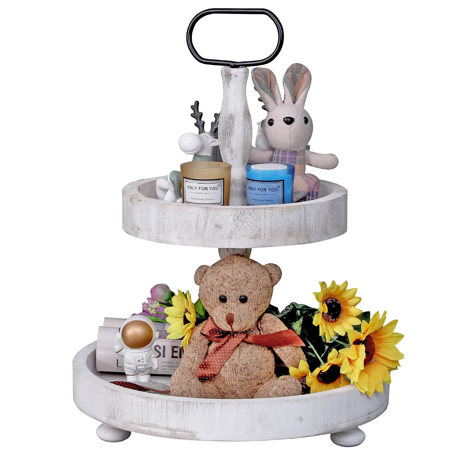 2 Tier Tray Rustic Cake Stand Farmhouse Kitchen Decor Centerpiece,Farmhouse 2 Tier Serving Tray For Coffee Bar W/Handle&1 Coaste