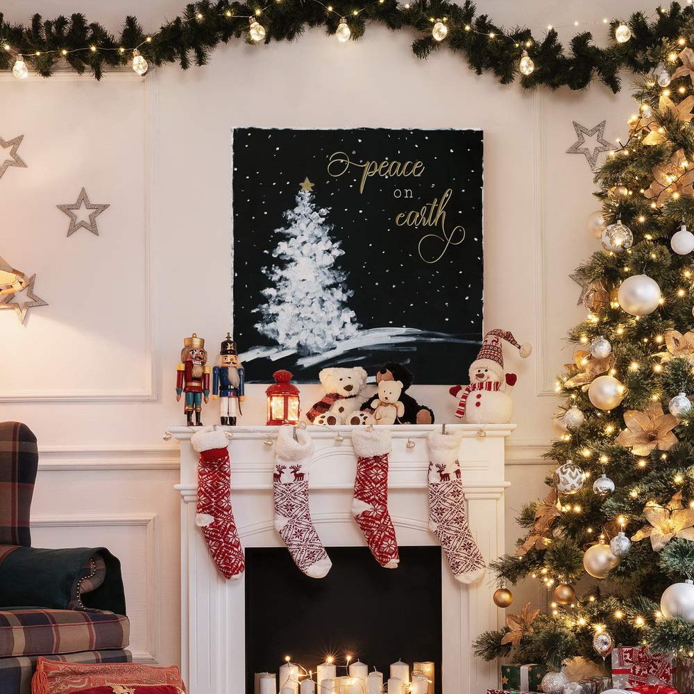 Renditions Gallery Peace on Earth Christmas Tree Wall Art  Black  White  & Gold Winter Art  Great Gift Idea  Premium Gallery Wrapped Canvas Decor  Ready to Hang  32 in H x 32 in W  Made in America (WC21-40642-3232)