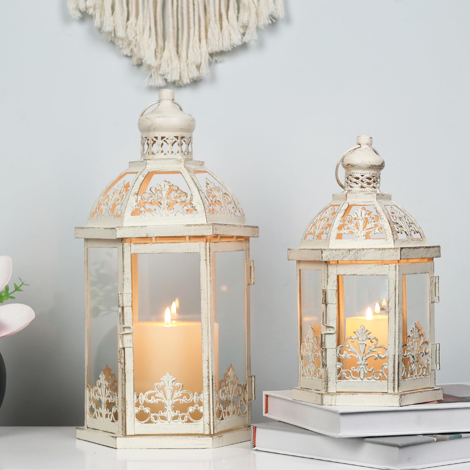Lanterns Decorative Outdoor&Indoor, Set of 2 (15&11) Beige Metal Lantern Decor with Glass, Candle Holder for Porch, Patio, Garde