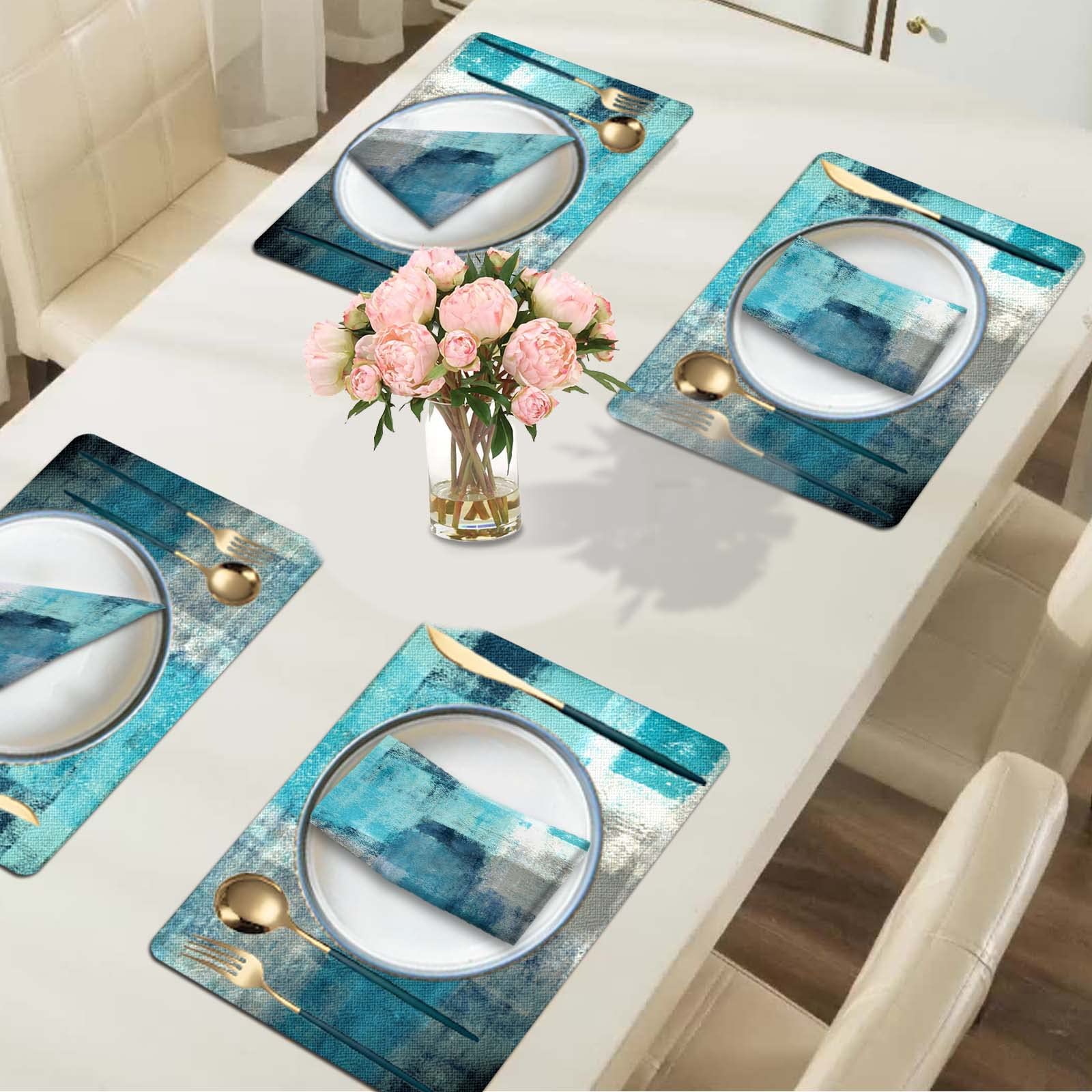Turquoise Placemats and Cloth Napkins Set of 8  Modern Art Placemat  Abstract Art Painted Placemats for Home Kitchen Decor (Placemats 18 ''x12 Cloth Napkins 18 ''x18)