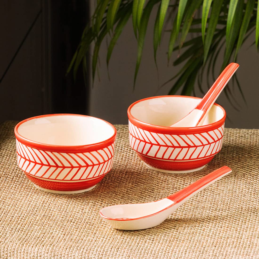 Exclusivelane 'Red Chevrons' Handcrafted Ceramic Soup Bowl With Spoon/Soup Cups (Set Of 2, 250 Ml, Microwave Safe & Dishwasher S