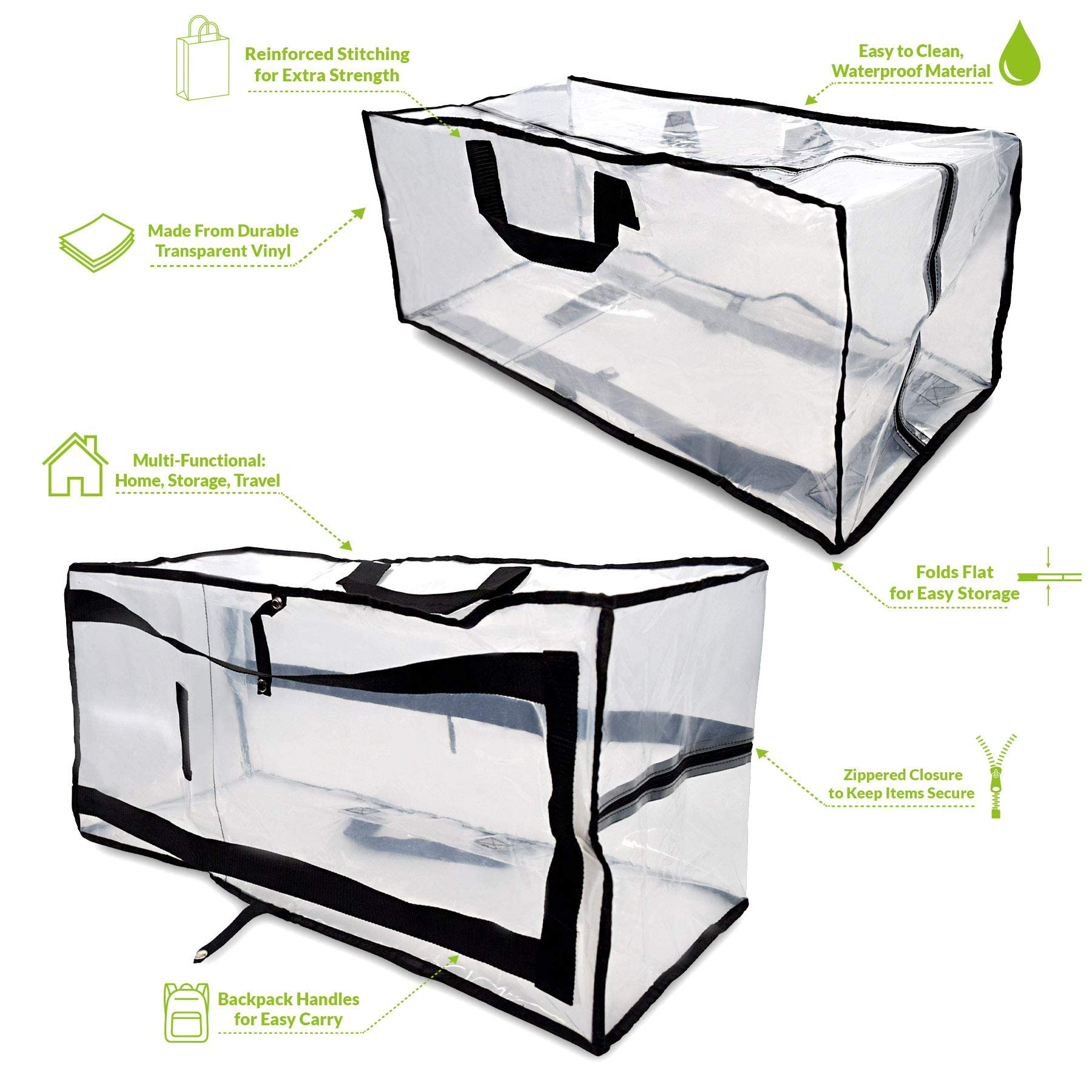 Clear Storage Bags - 3 Pack Zippered Moving Bags, See Thru Transparent Heavy Duty Totes With Handles, Large & Waterproof For Clo