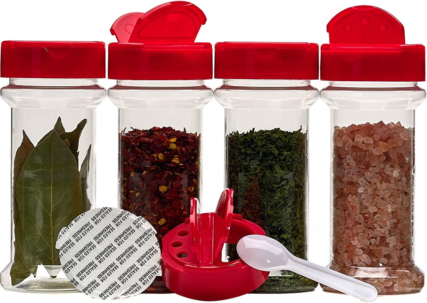 Spice Containers 10 Sets - 7 Oz. Clear Plastic Pet Spice Jars Storage Container Bottles With Red Sifter Spoon Caps - 10 Bottles 