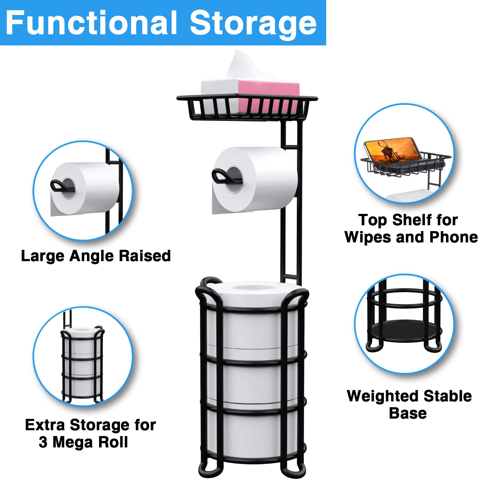 Toilet Paper Holder Stand with Shelf  Free Standing Toilet Tissue Roll Storage Rack for Bathroom  Black