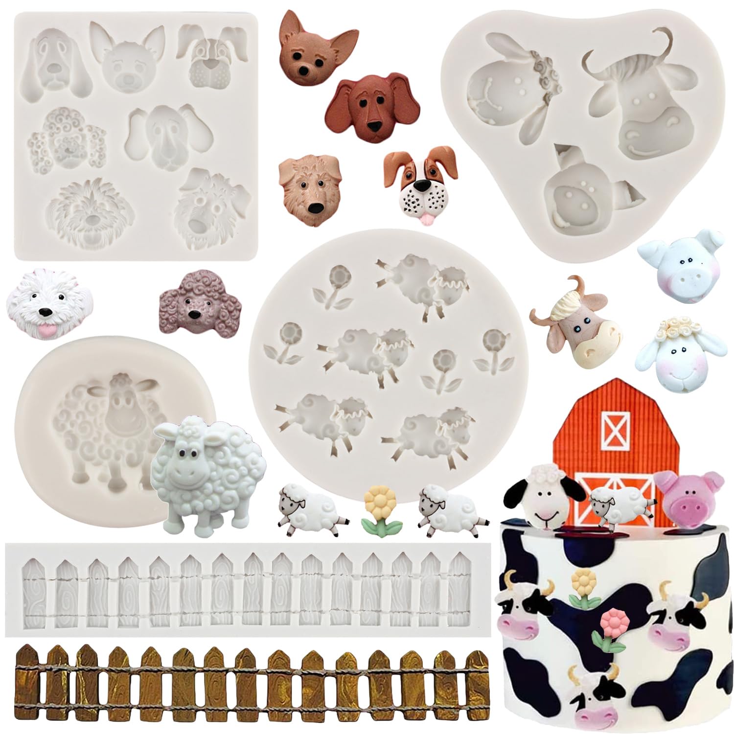 Mypracs Farm Animals Head Cow Sheep Pig Silicone Molds Picket Fence Fondant Mold For Cake Decoration Cupcake Topper Candy Polyme