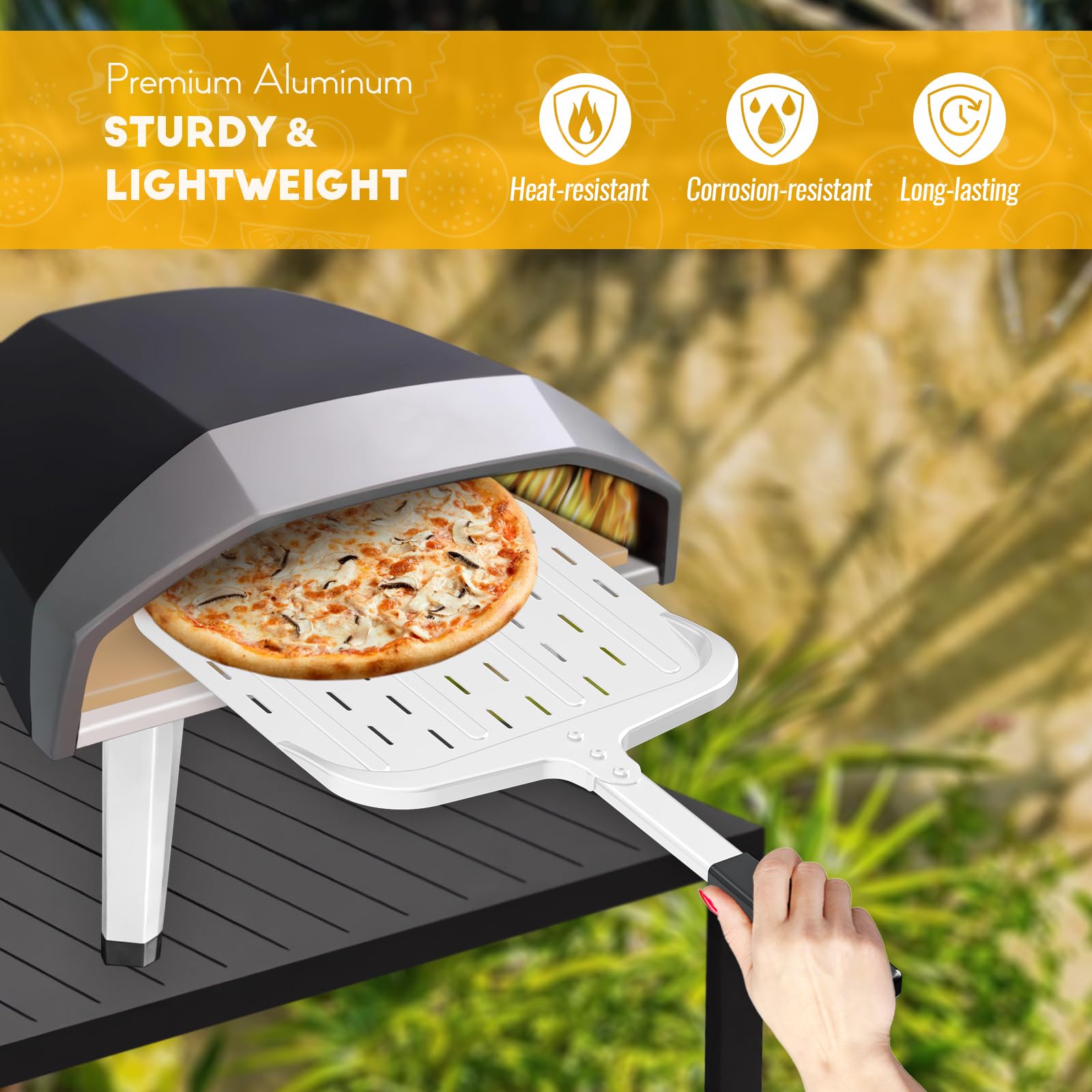 Rioomdx Pizza Peel 12-Inch Perforated Aluminum Pizza Paddle, Non-Stick Metal Pizza Peel Long Handle Pizza Spatula Paddle For Ove