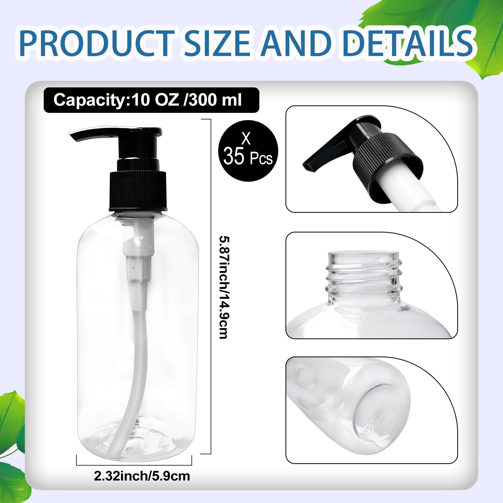 LECEHIVO 35 Pcs 10 oz Plastic Pump Bottle Dispenser with Labels, Empty Lotion Clear Bottle with Pump Portable Refillable Travel