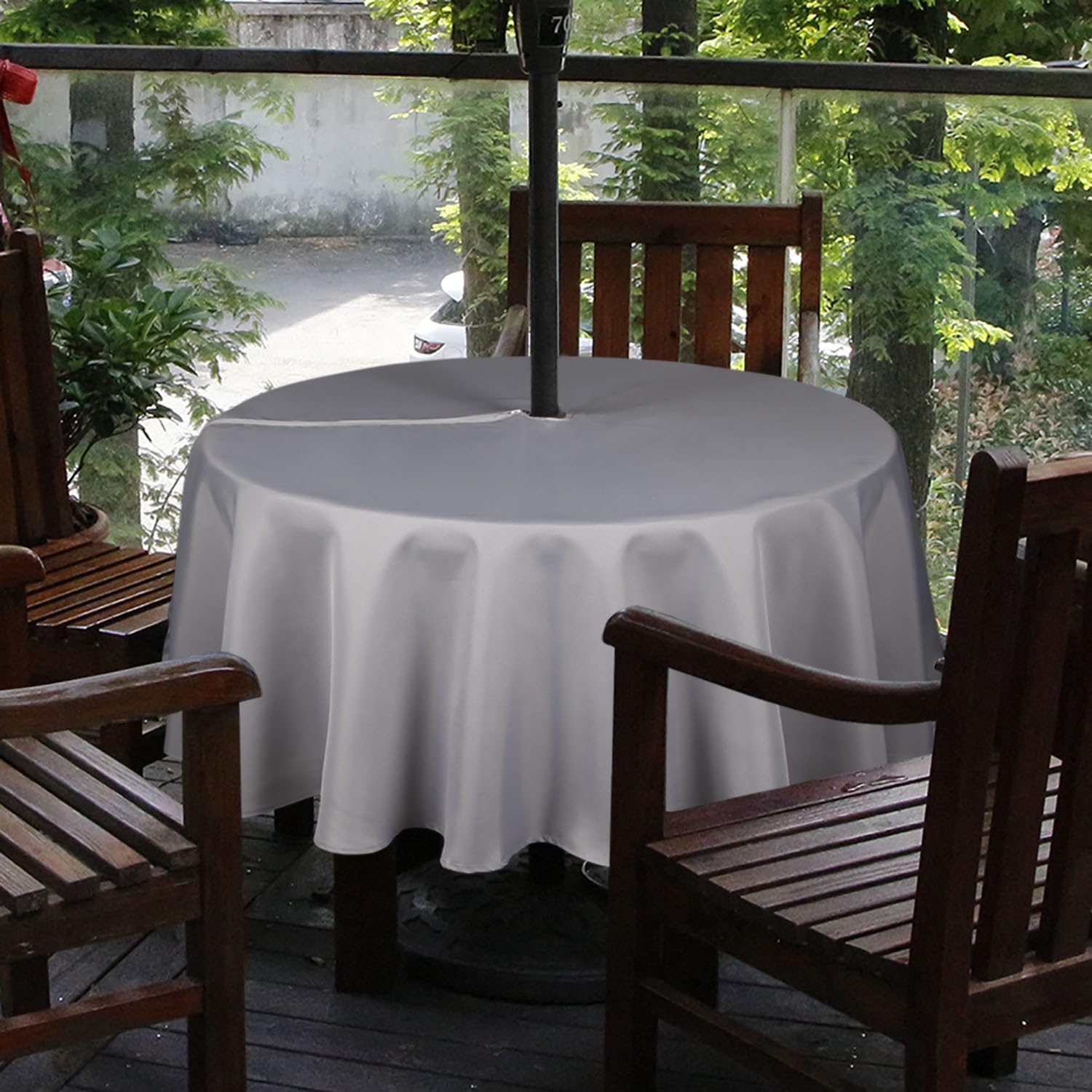 Melaluxe Spring/Summer Wrinkle-Free Waterproof Outdoor Tablecloth with Umbrella Hole and Zipper (Silver, 60 Round-Zippered)