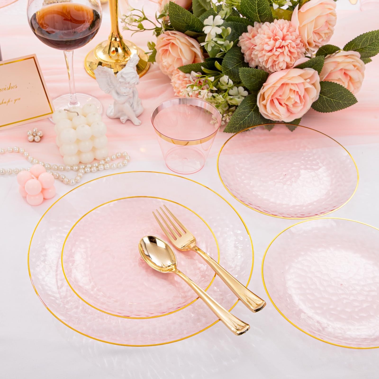 Rubtlamp 175 Pcs Pink Plastic Plates Dinnerware Set (25 Guests), Pink Disposable Plates With Gold Rim, Hammered Party Plates Set