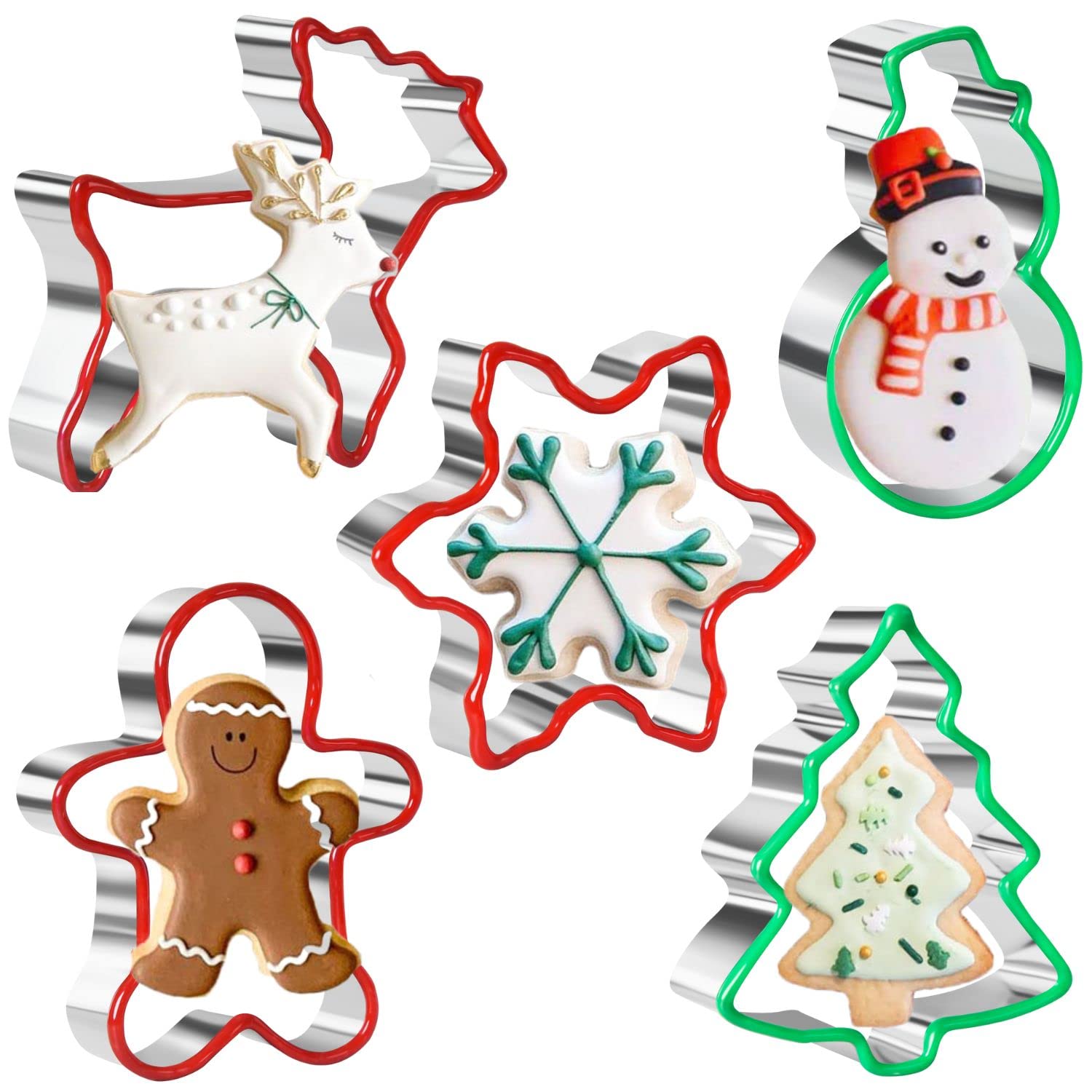 Crethinkaty Christmas Cookie Cutter Set 5 Pieces Stainless Steel Gingerbread Man,Snowflake,Snowman,Christmas Tree And Reindeer S