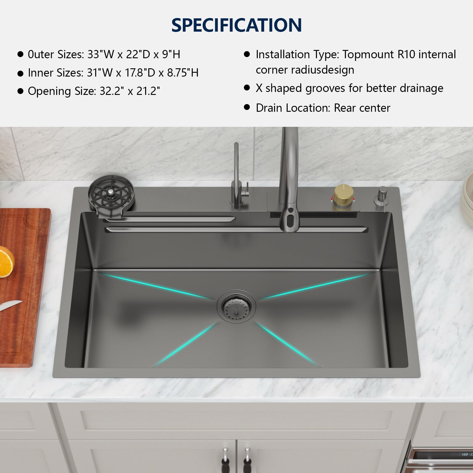 Logmey 33 Drop In Kitchen Sink Waterfall Black Nano Coating 33X22 Inch 16 Gauge Stainless Steel Kitchen Sinks Single Bowl Workst