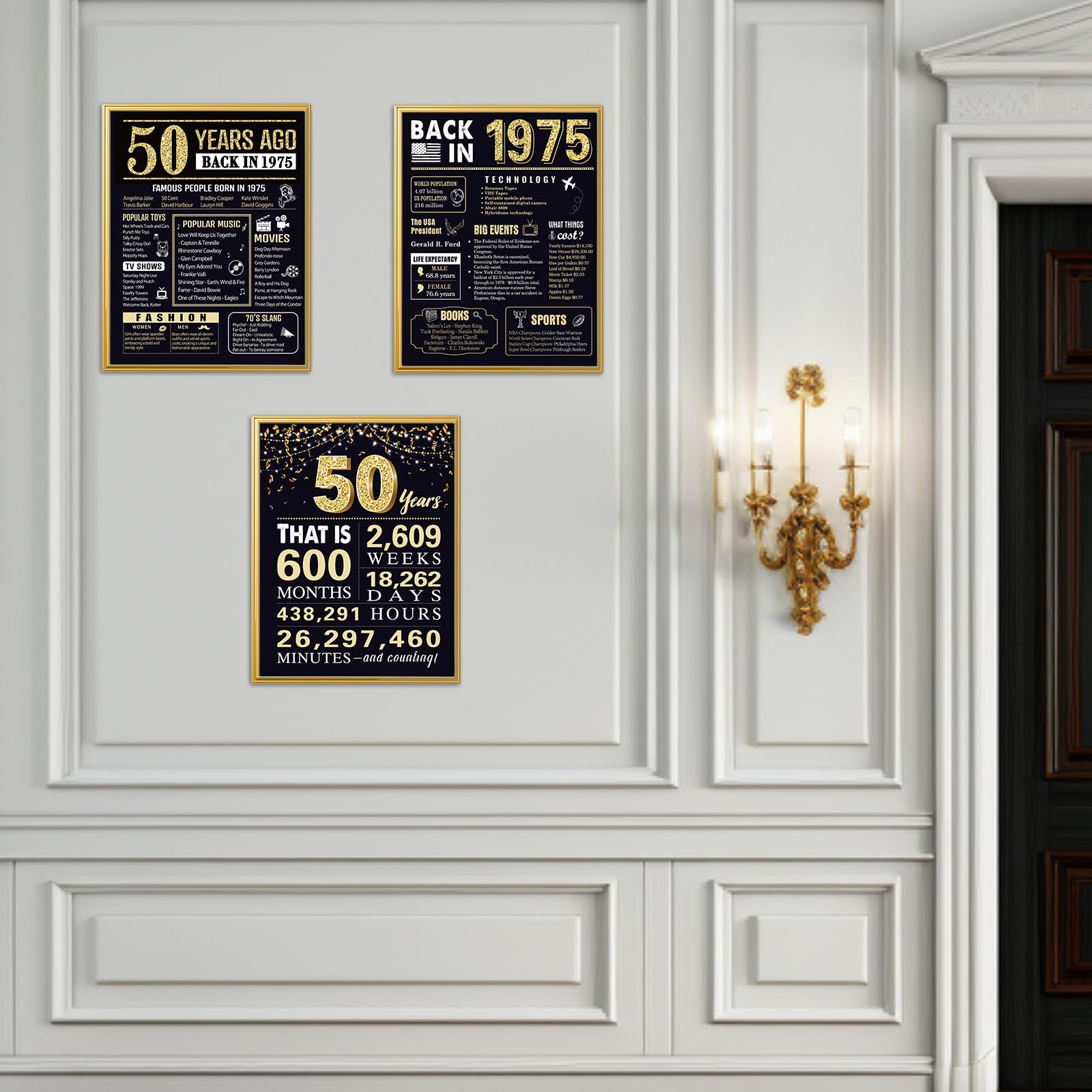 50 Years Ago 50th Birthday Wedding Anniversary Poster 3 Pieces 11 x 14 70s Party Decorations Supplies Large Sign Home Decor Black & Gold Wall Art Prints for Men and Women (Back in 1974-50 Years)