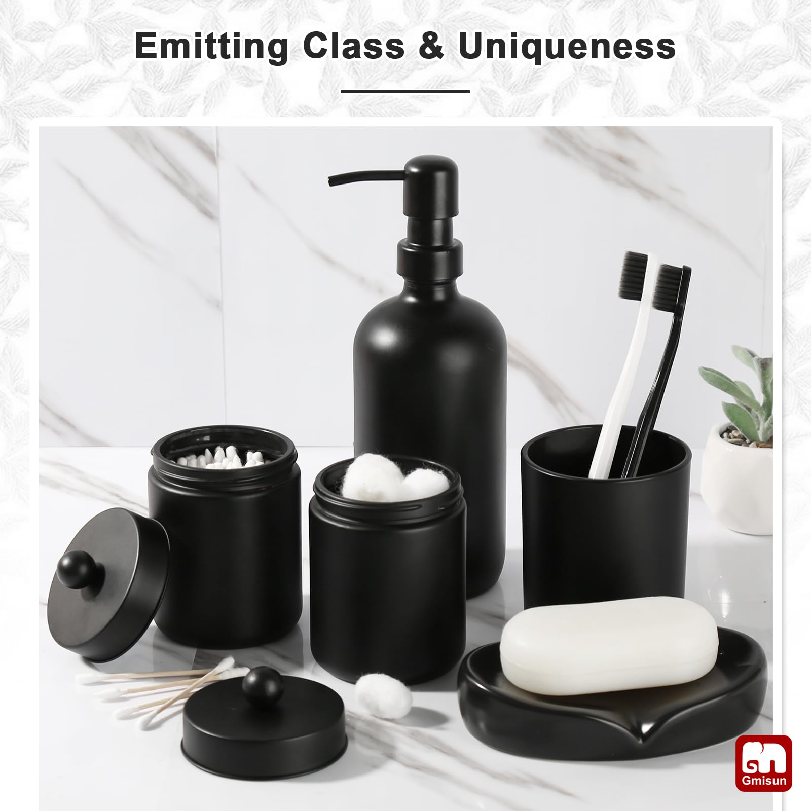 Gmisun Black Bathroom Accessories Set, 5 Pack Matte Black Glass Bath Accessory Decor Sets Complete, Soap Dispenser And Toothbrus