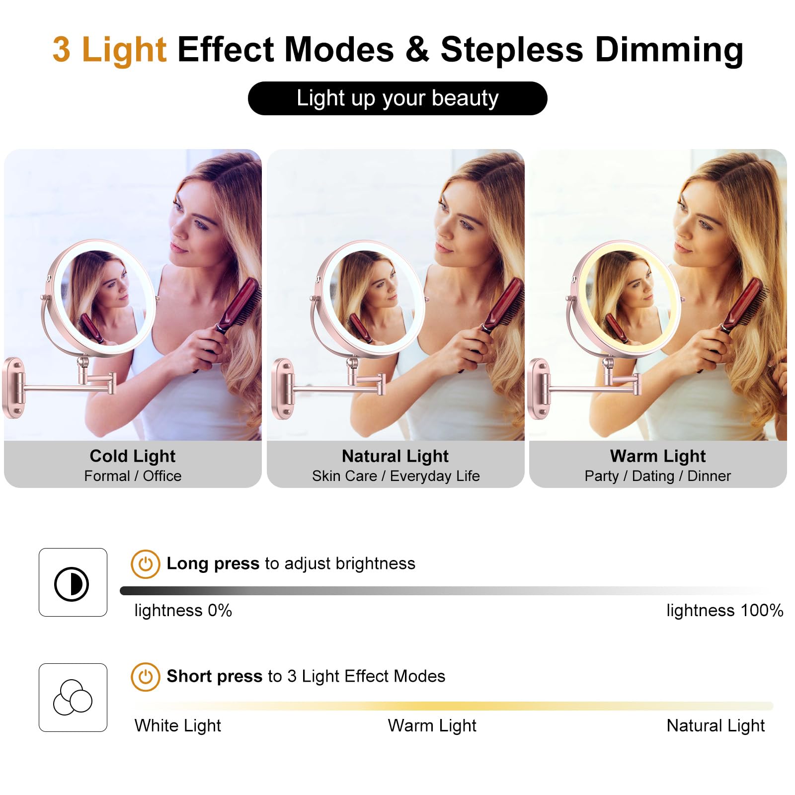 Imikona 9'' Wall Mounted Lighted Makeup Mirror,4000Mah Rechargeable Double Sided 1X/10X Magnifying Mirror With Light,3 Color Lig
