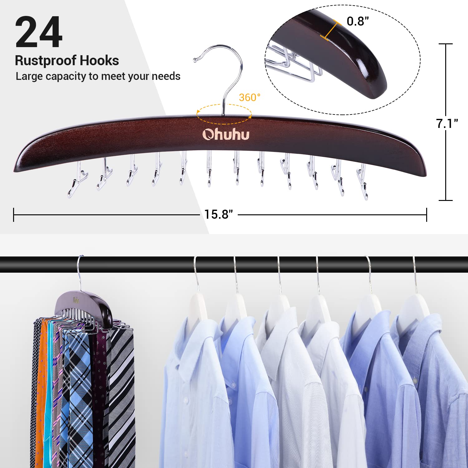 Ohuhu Tie Rack Hanger Closet Organizer, Wooden Walnut 24 Hook Tie Holder For Closet, 360 Degree Rotating Tie And Belt Organizer