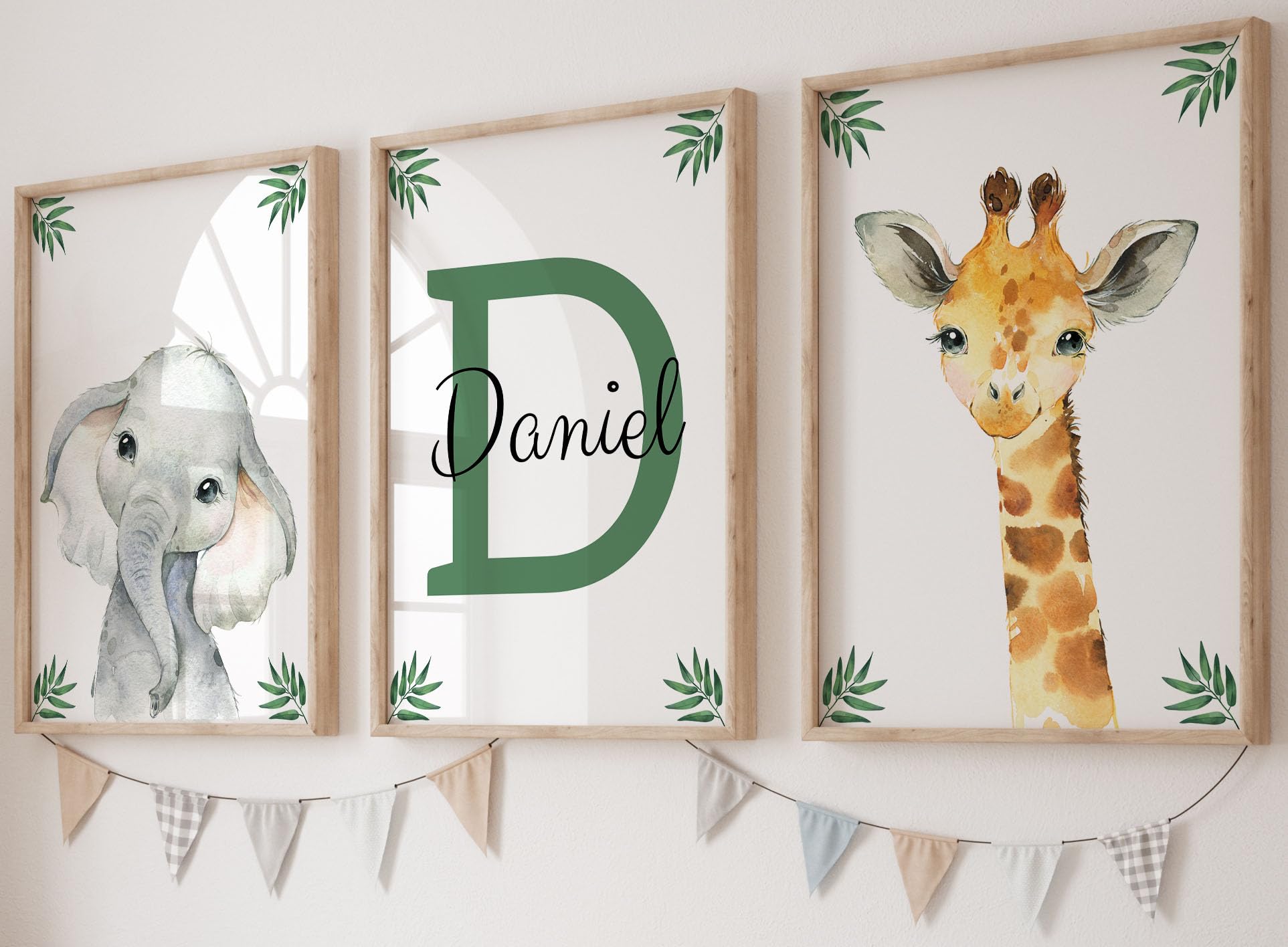 Personalized Safari Animals for Baby Boy Girl Nursery Bedroom Unframed Set of 3 Poster Prints  Green Jungle Leaves Wall Art Decor New Baby Gift Present  Elephant Giraffe Lion Panda Zebra (8x10)