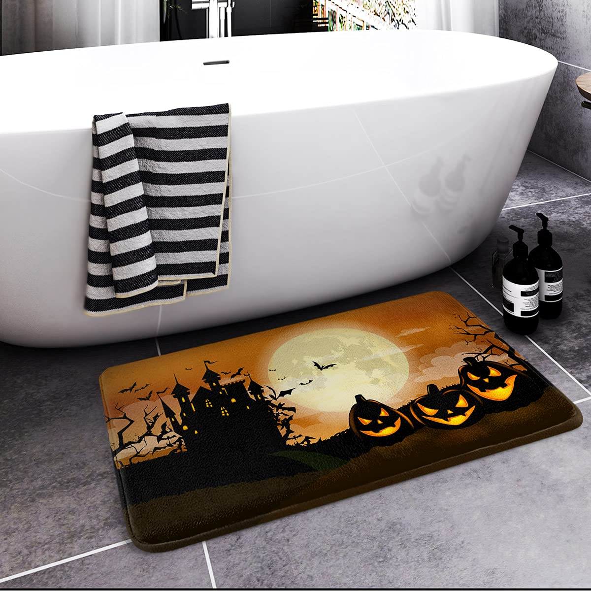Britimes Bath Mat for Bathroom, No Slip, Halloween Orange Moon Washable Cover Floor Rug Carpets Floor Mat Bathroom Decorations 1