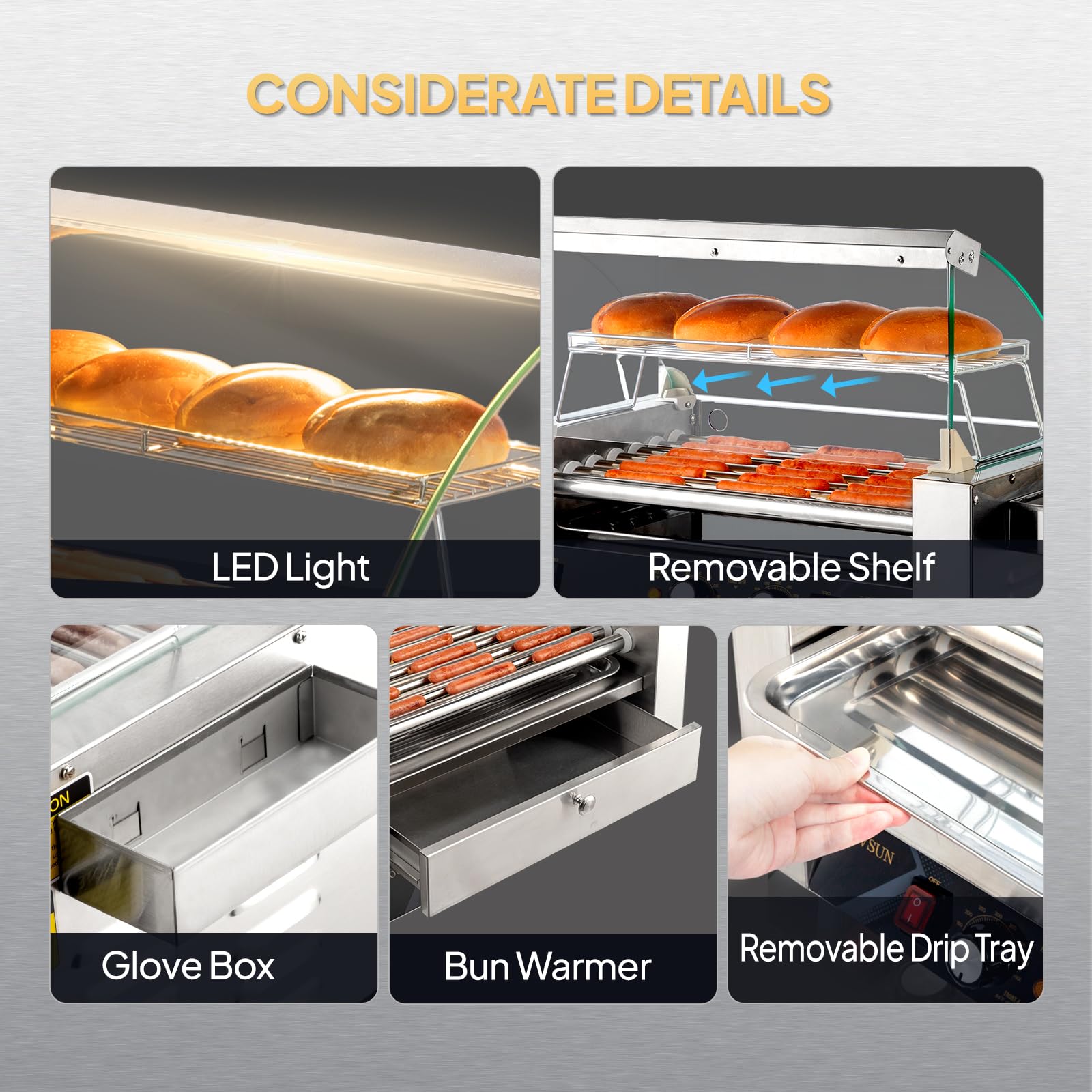 Rovsun 18 Hot Dog 7 Roller, Hot Dog Roller Warmer Grill Cooker Machine W/Bun Warmer, Cover, Dual Temp Control, Led Light, Remova