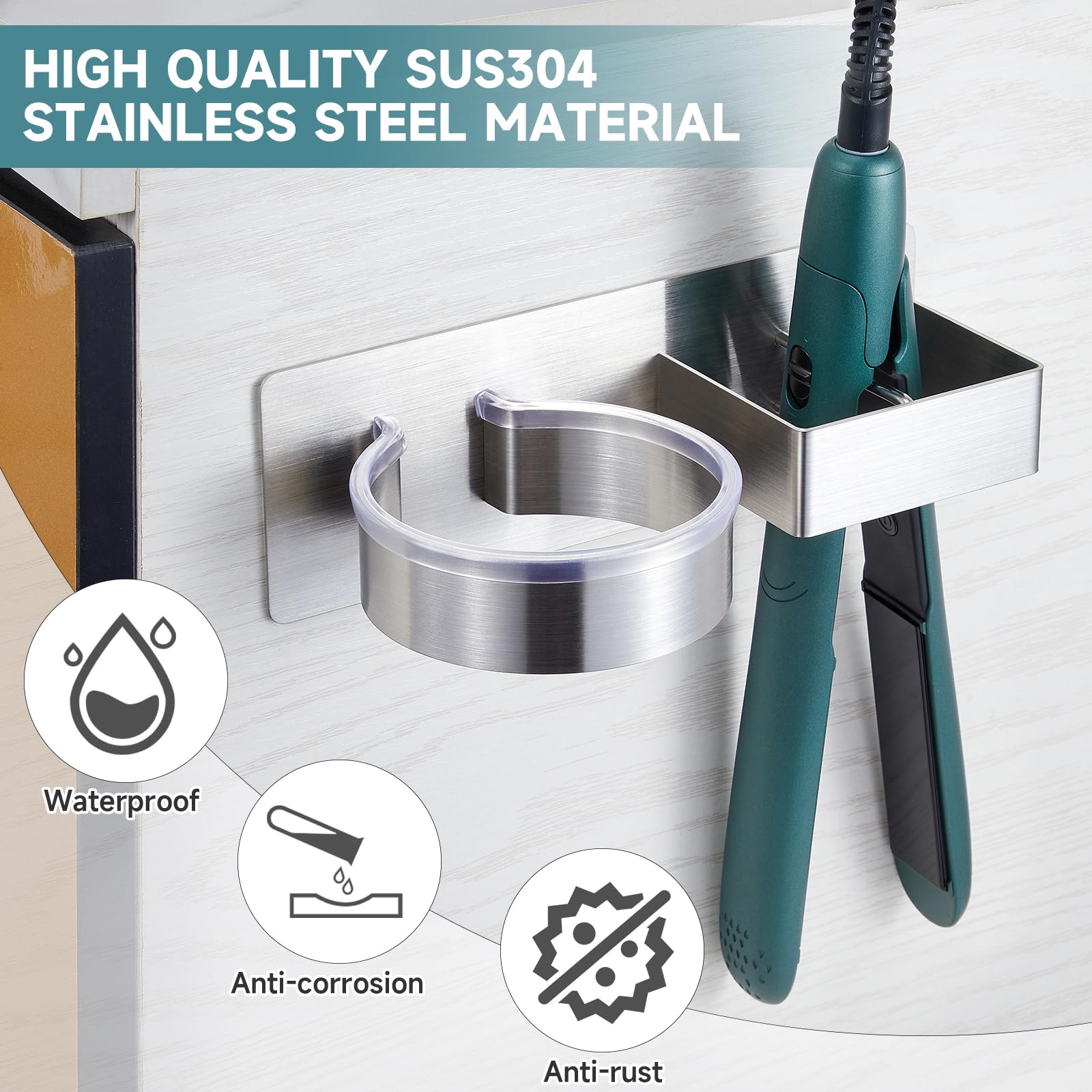 Oukimly Hair Dryer Holder - Wall Mounted Stainless Steel Organizer in Silver for Flat Iron, Curling Iron, and Hairdryer