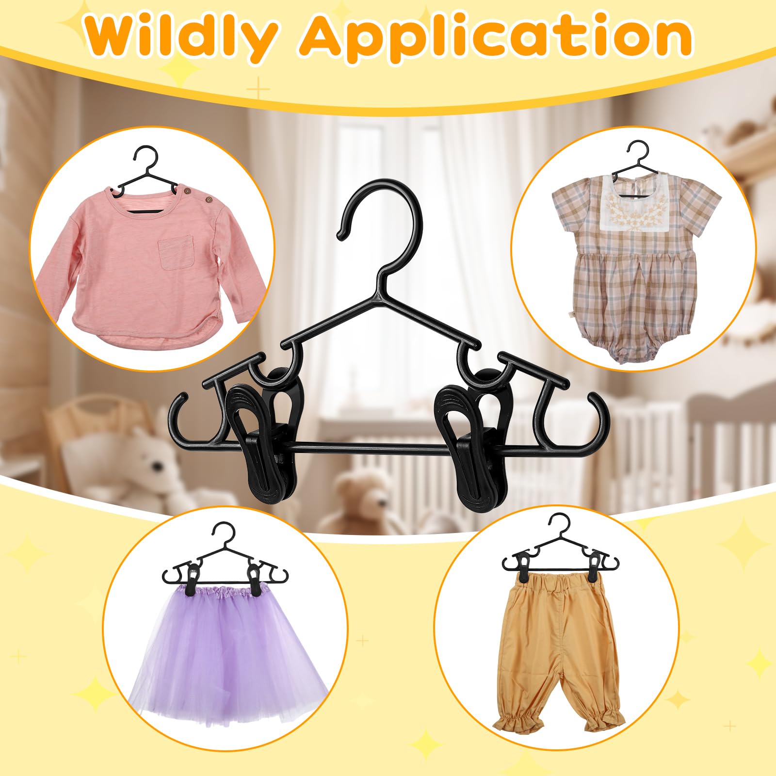 Hsei 120 Packs Baby Hangers With Clips Toddler Hangers Kids Hangers With Clips For Pants Closet Coat Skirts Socks (Black)