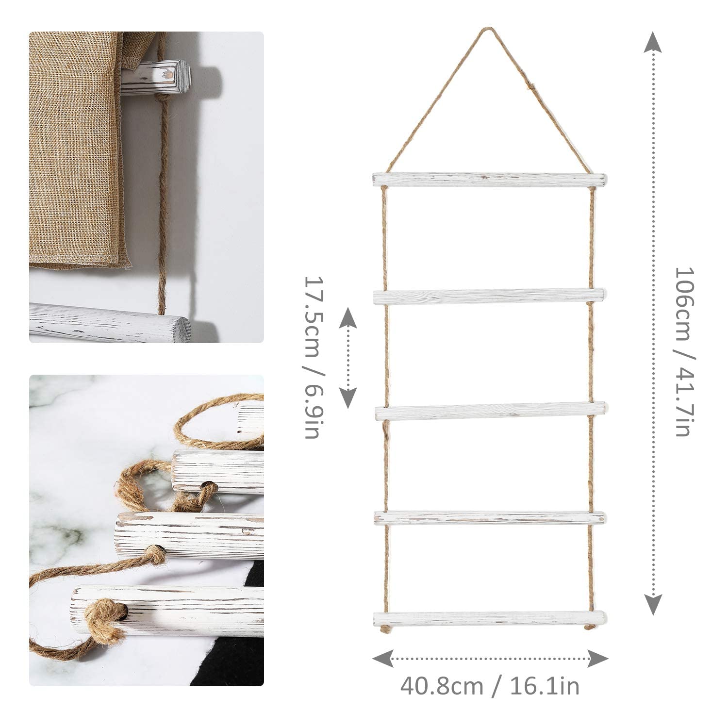 Docmon Towel Rack For Bathroom- 3.3-Foot Wall Hanging Whitewashed Wood & Rope Blanket Ladder With 5 Rungs For Farmhouse Room Dec
