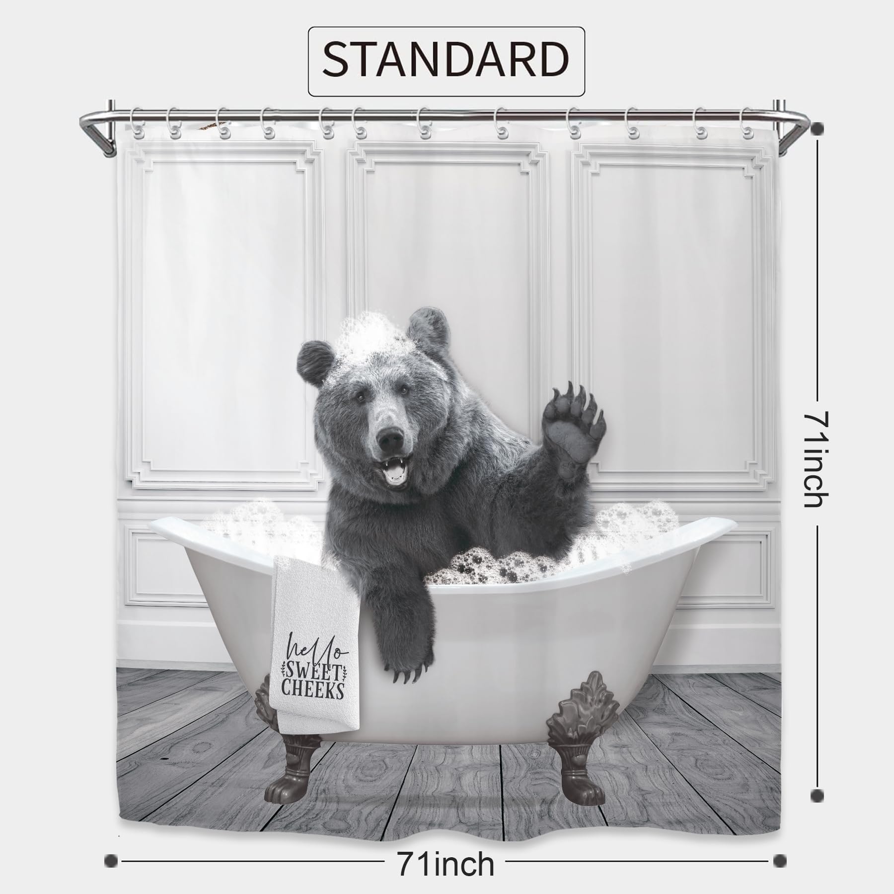 Yookeb Funny Bear Bathroom Shower Curtain 71W By 71H Inch Animal Farmhouse Cabin Hello Sweet Cheeks Rustic Polyester Fabric 12 P