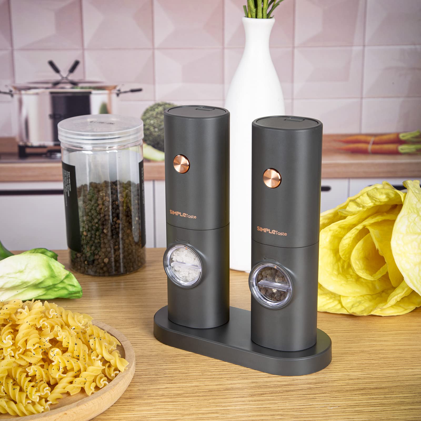 SIMPLETASTE Electric Salt and Pepper Grinder Set  One-Handed  Battery Powered  Adjustable Coarseness  LED Light  Pepper mills with stand  Seasoning Tools for Kitchen  Dining or Gifting