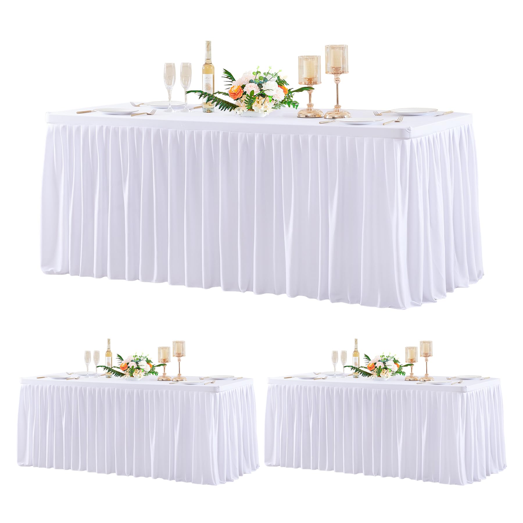 3 Pack White Polyester Table Clothes For 6 Foot Rectangle Tables, Wrinkle Free Fitted Table Cover With Pleated Ruffle Table Skir